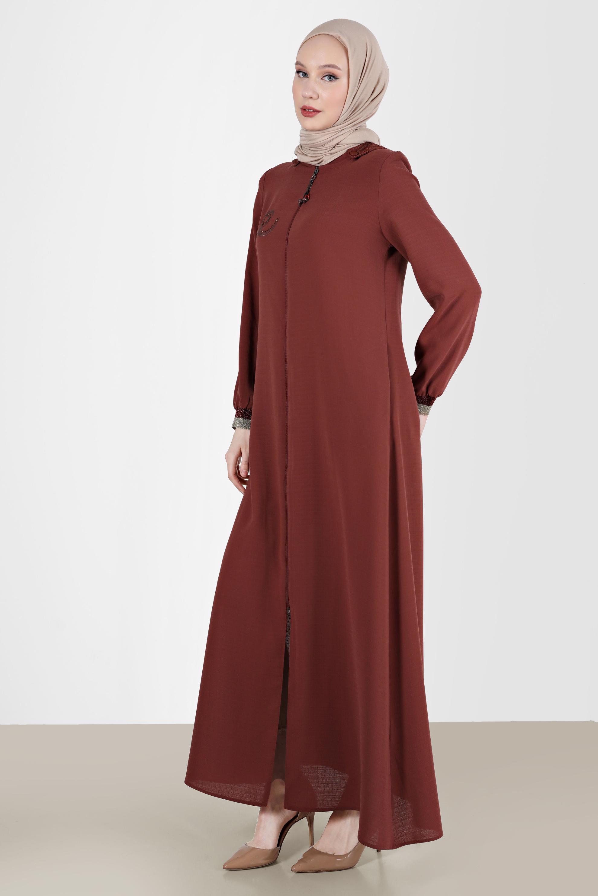 Tesettür giyim TURUNCU TAŞ BASKILI KAPÜŞONLU PARDESÜ 10521 