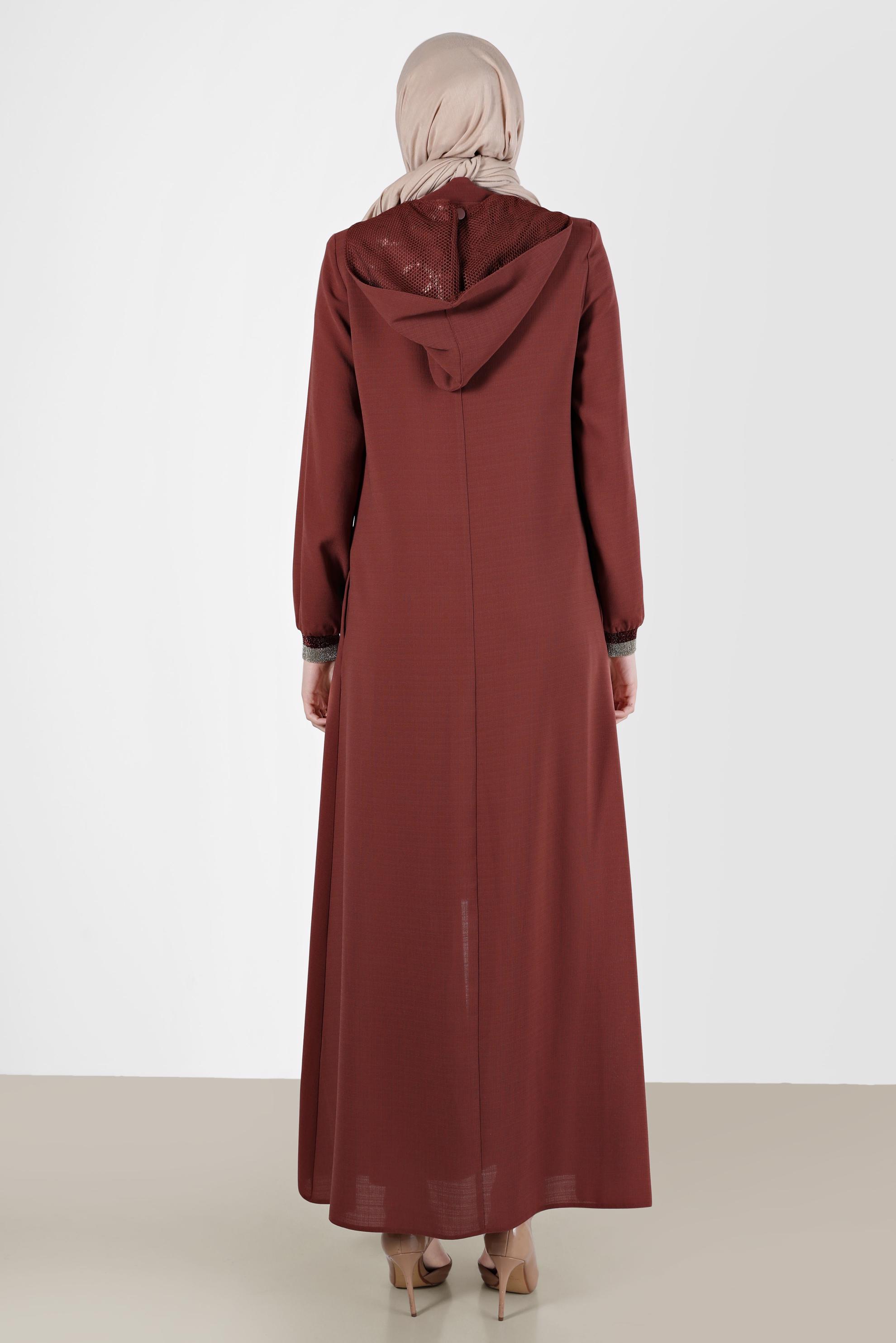 Tesettür giyim TURUNCU TAŞ BASKILI KAPÜŞONLU PARDESÜ 10521 