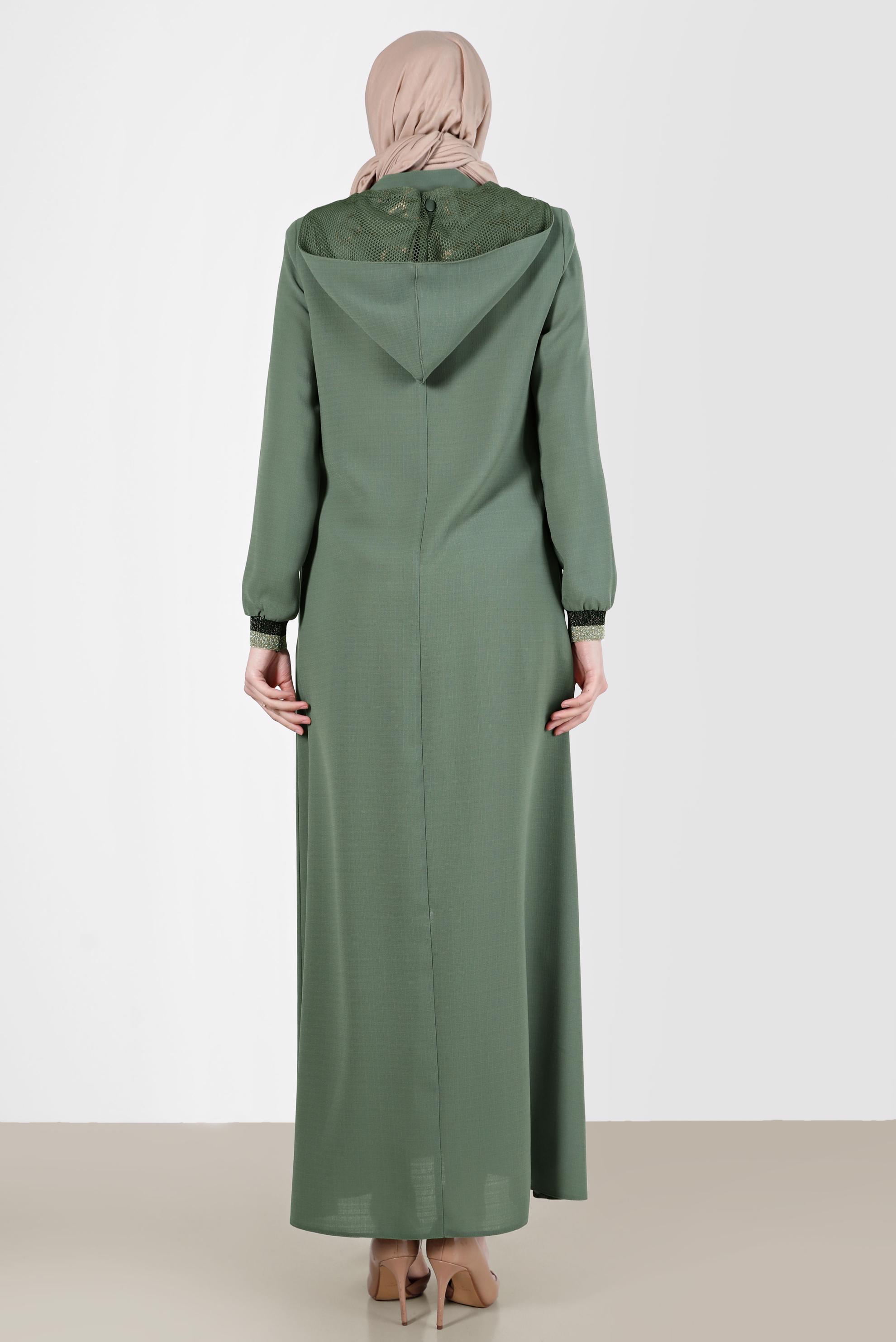 Tesettür giyim YEŞİL TAŞ BASKILI KAPÜŞONLU PARDESÜ 10521 