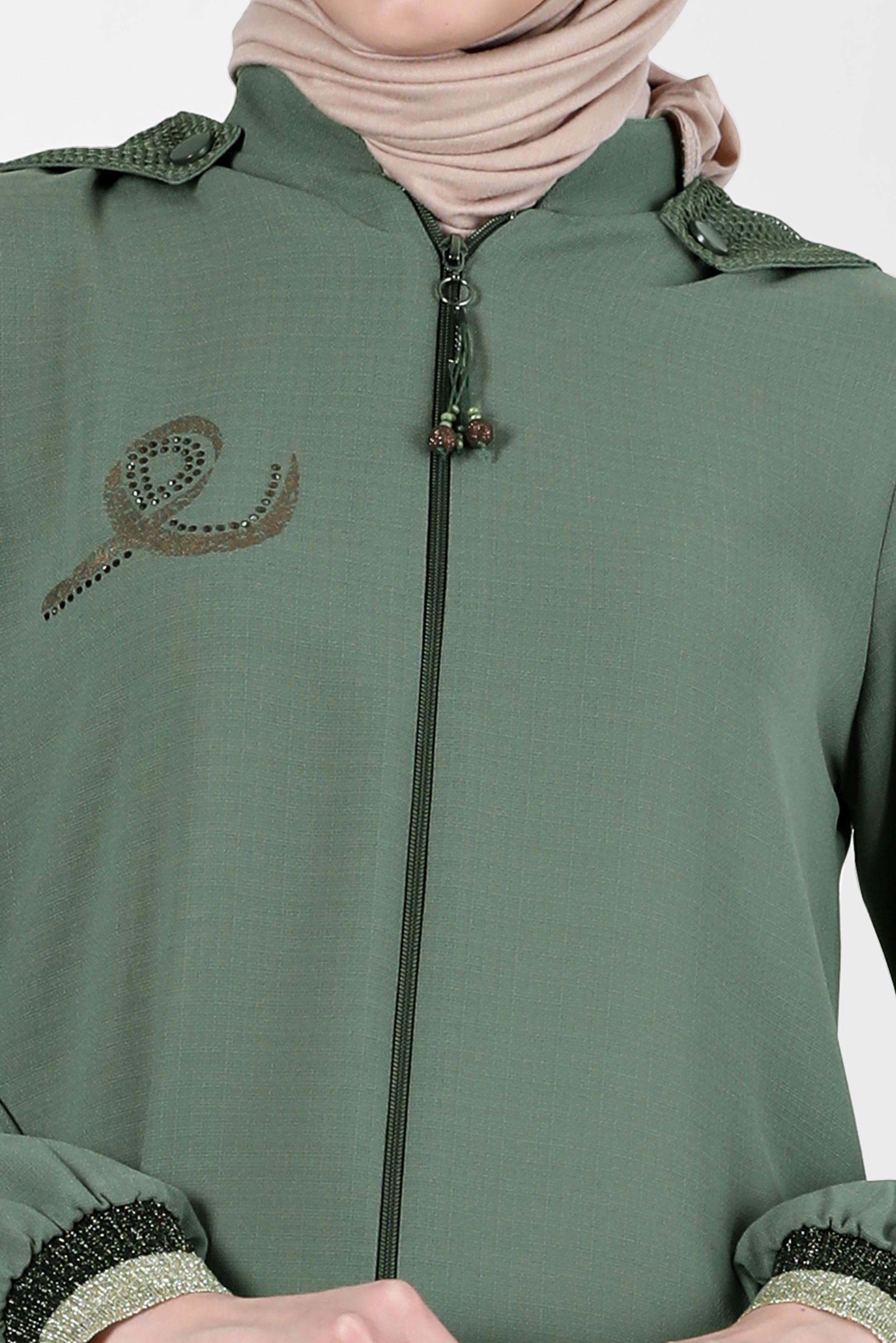 Tesettür giyim YEŞİL TAŞ BASKILI KAPÜŞONLU PARDESÜ 10521 