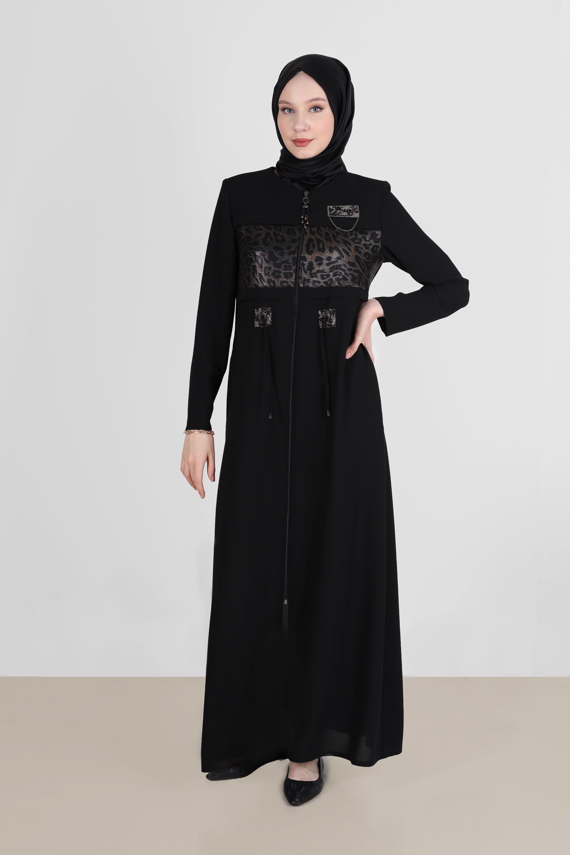 Tesettür giyim SİYAH LEOPAR DESEN DETAYLI FERMUARLI PARDESÜ 10522 