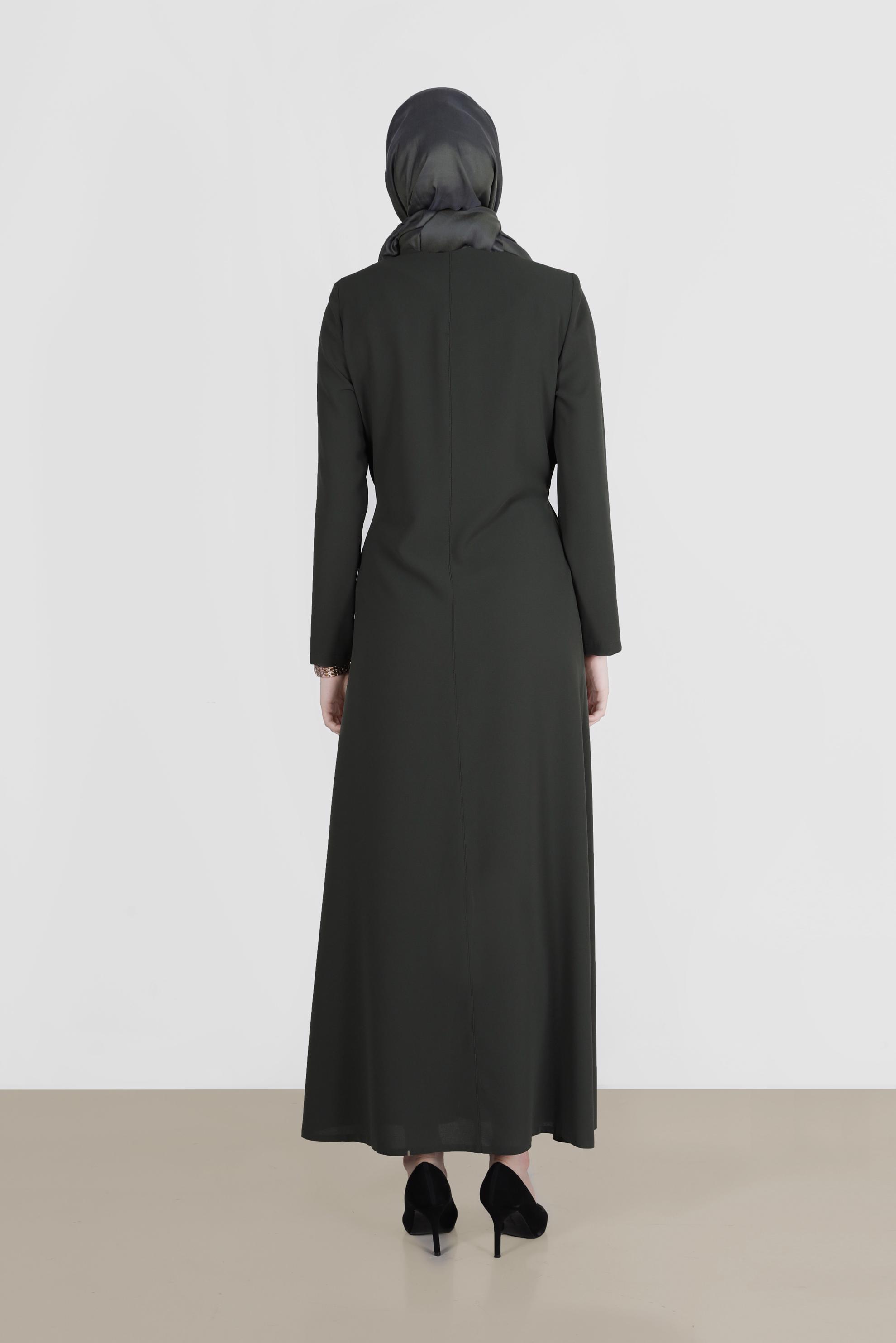 Tesettür giyim HAKİ LEOPAR DESEN DETAYLI FERMUARLI PARDESÜ 10522 