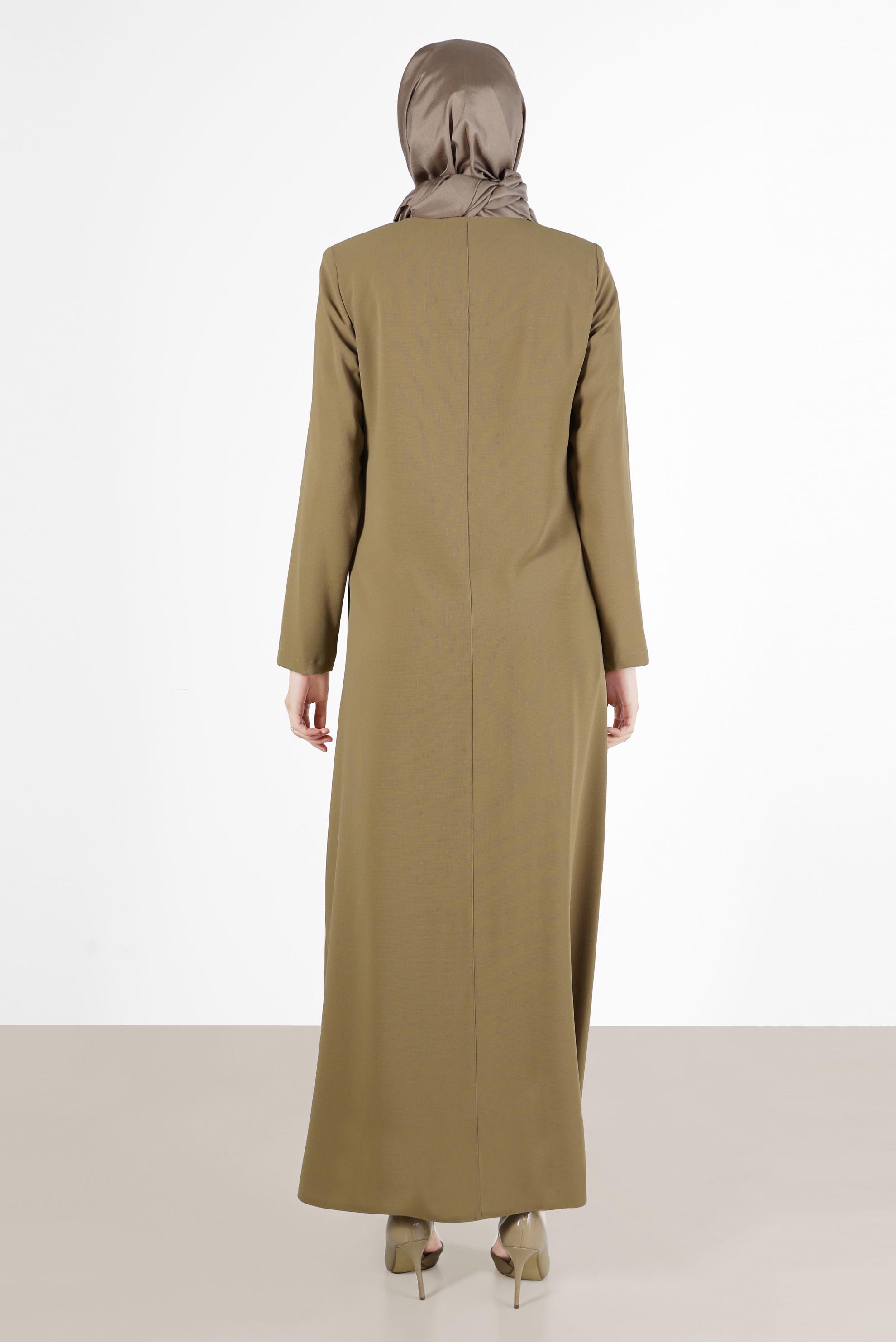 Tesettür giyim KAHVE LEOPAR DESEN DETAYLI FERMUARLI PARDESÜ 10522 