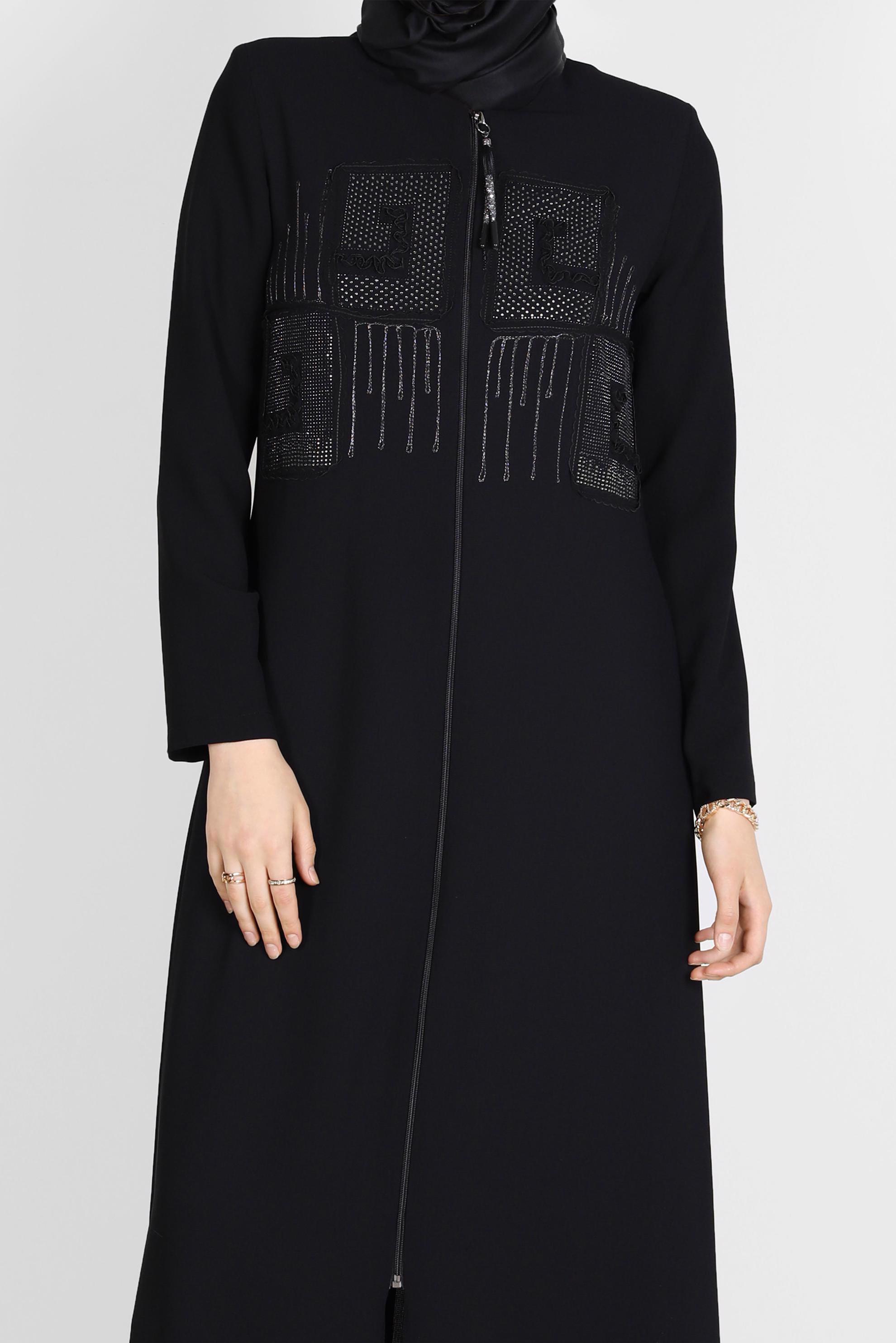 Tesettür giyim SİYAH TAŞ BASKI DETAYLI PARDESÜ 10523 