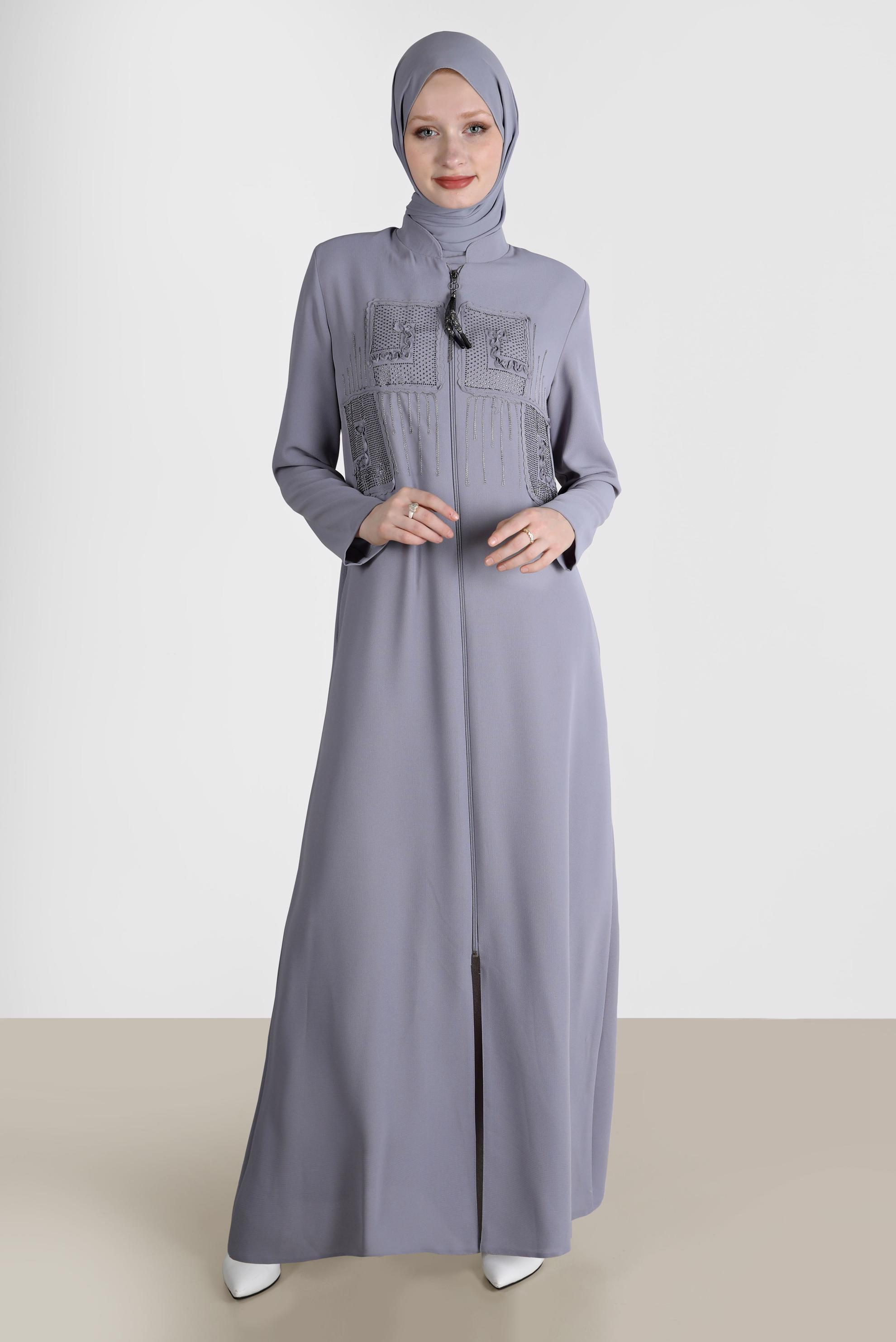 Tesettür giyim GRİ TAŞ BASKI DETAYLI PARDESÜ 10523 