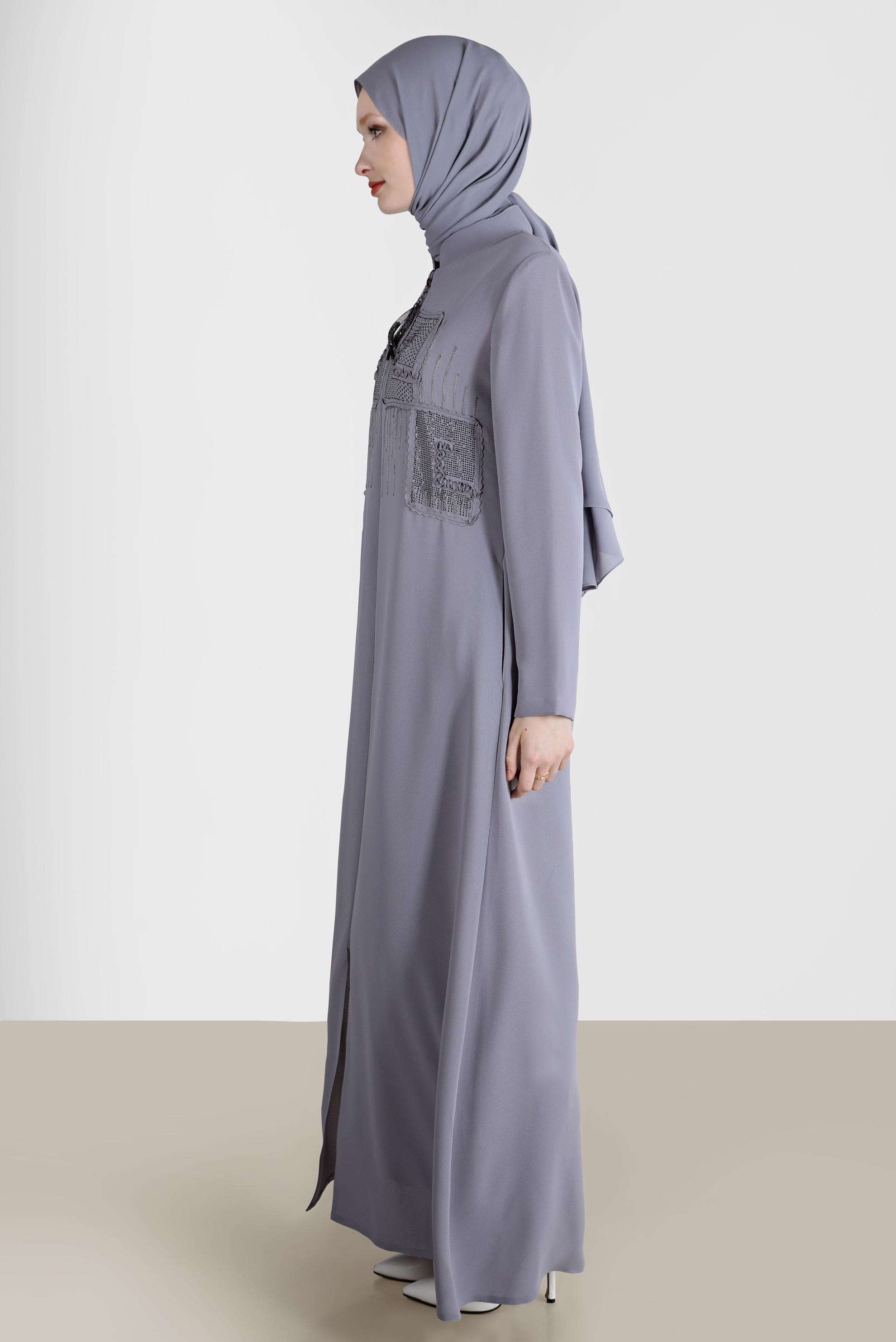 Tesettür giyim GRİ TAŞ BASKI DETAYLI PARDESÜ 10523 