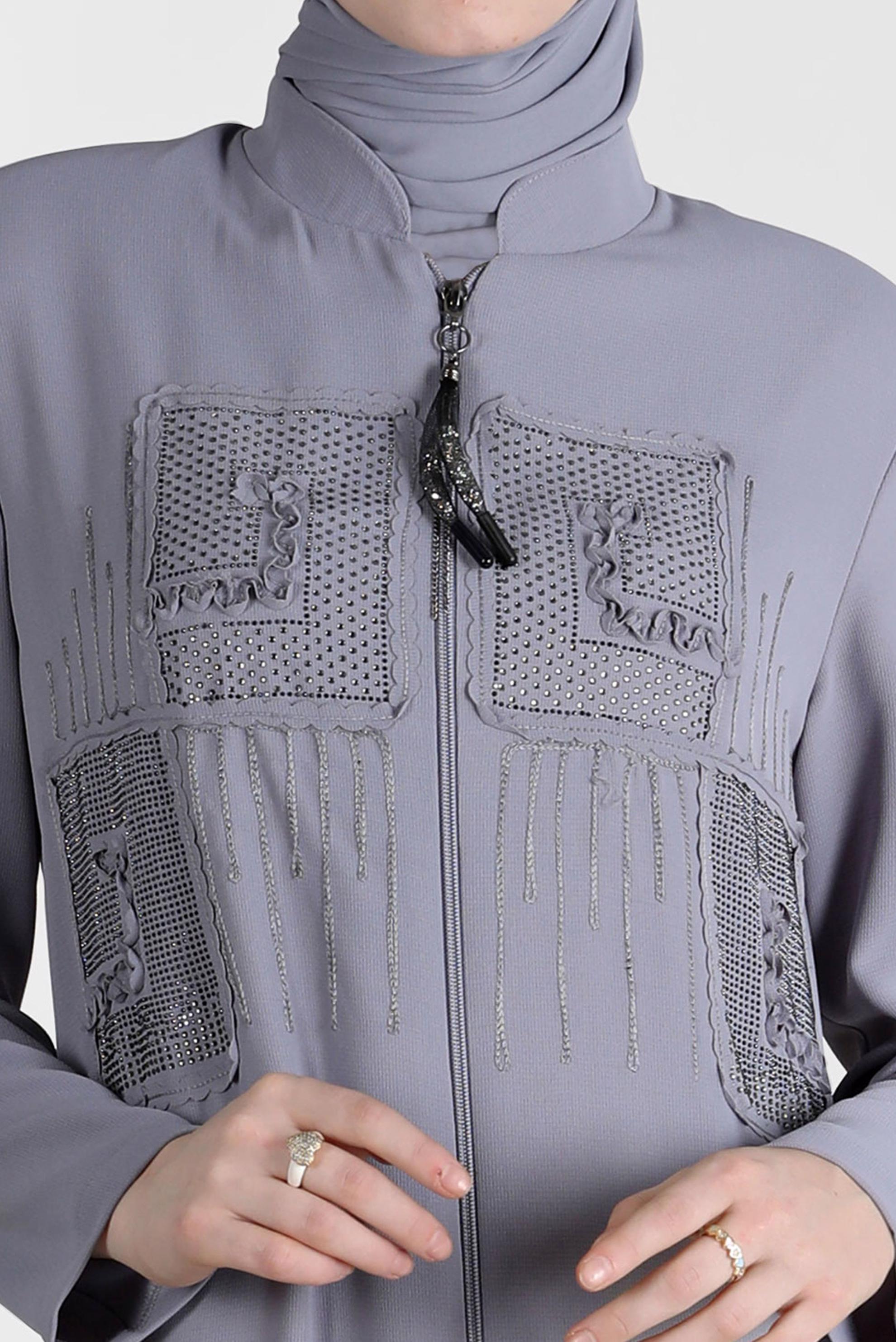 Tesettür giyim GRİ TAŞ BASKI DETAYLI PARDESÜ 10523 