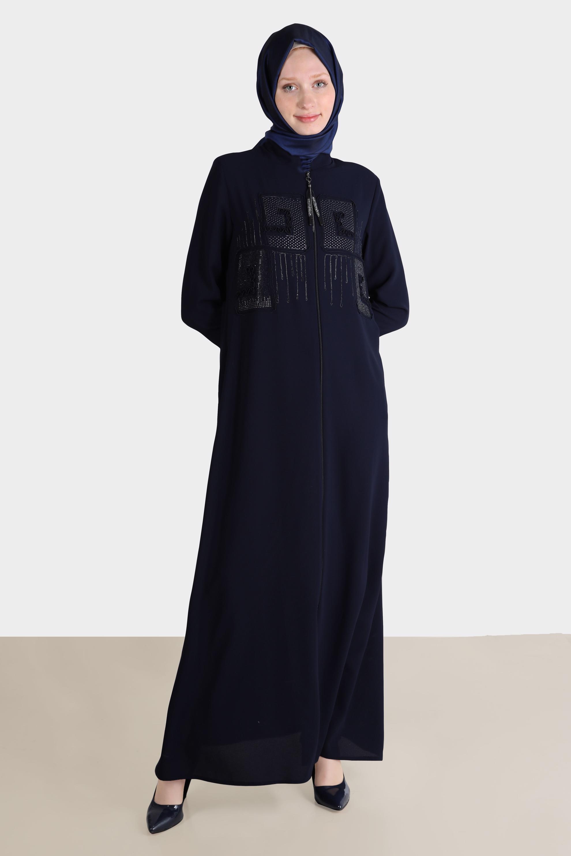 Tesettür giyim LACİVERT TAŞ BASKI DETAYLI PARDESÜ 10523 