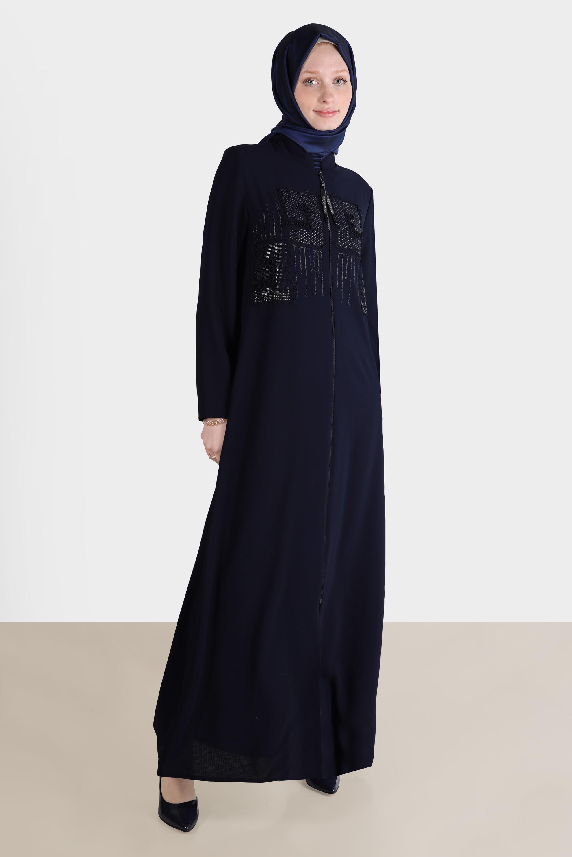 Tesettür giyim LACİVERT TAŞ BASKI DETAYLI PARDESÜ 10523 