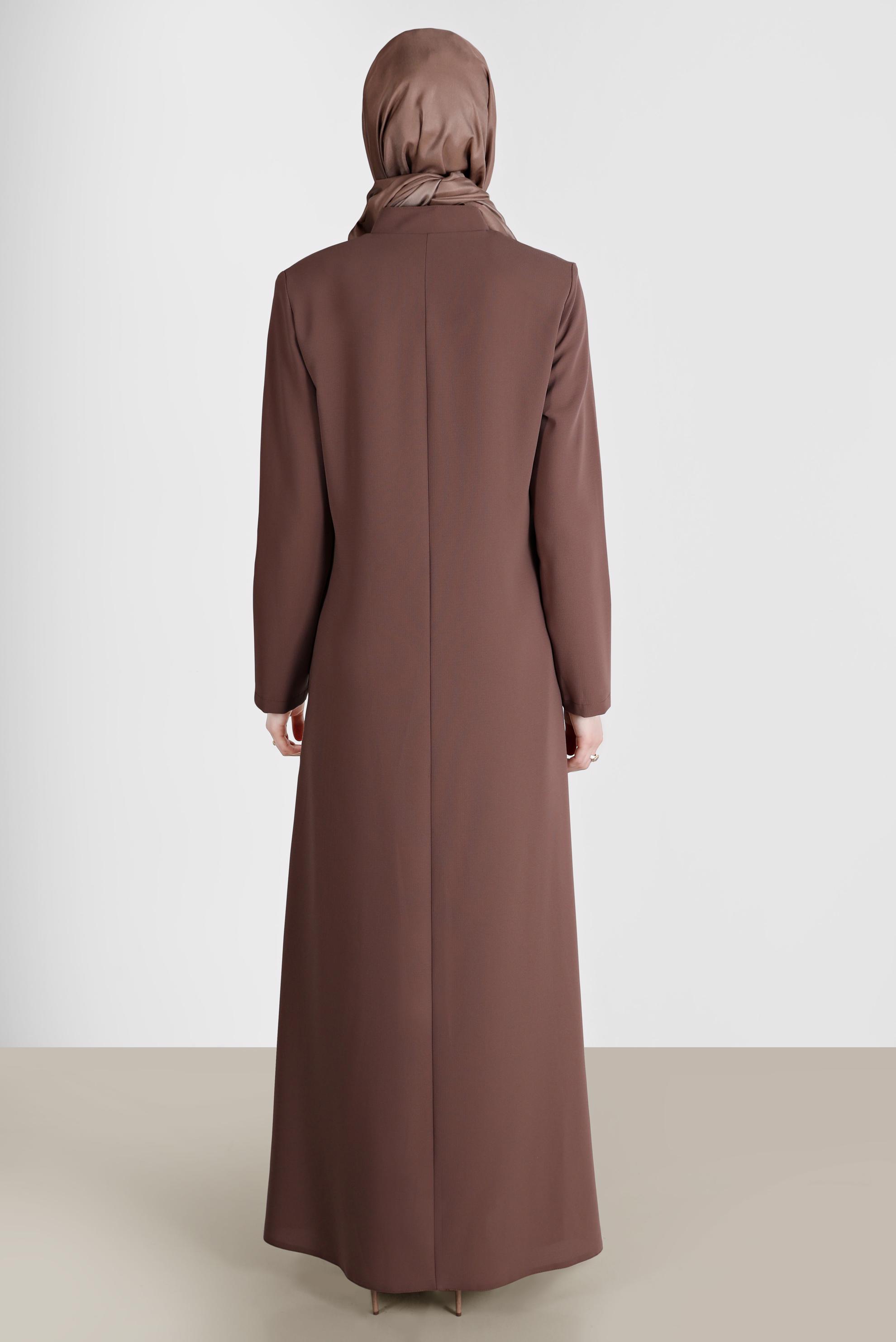 Tesettür giyim KAHVE TAŞ BASKI DETAYLI PARDESÜ 10523 