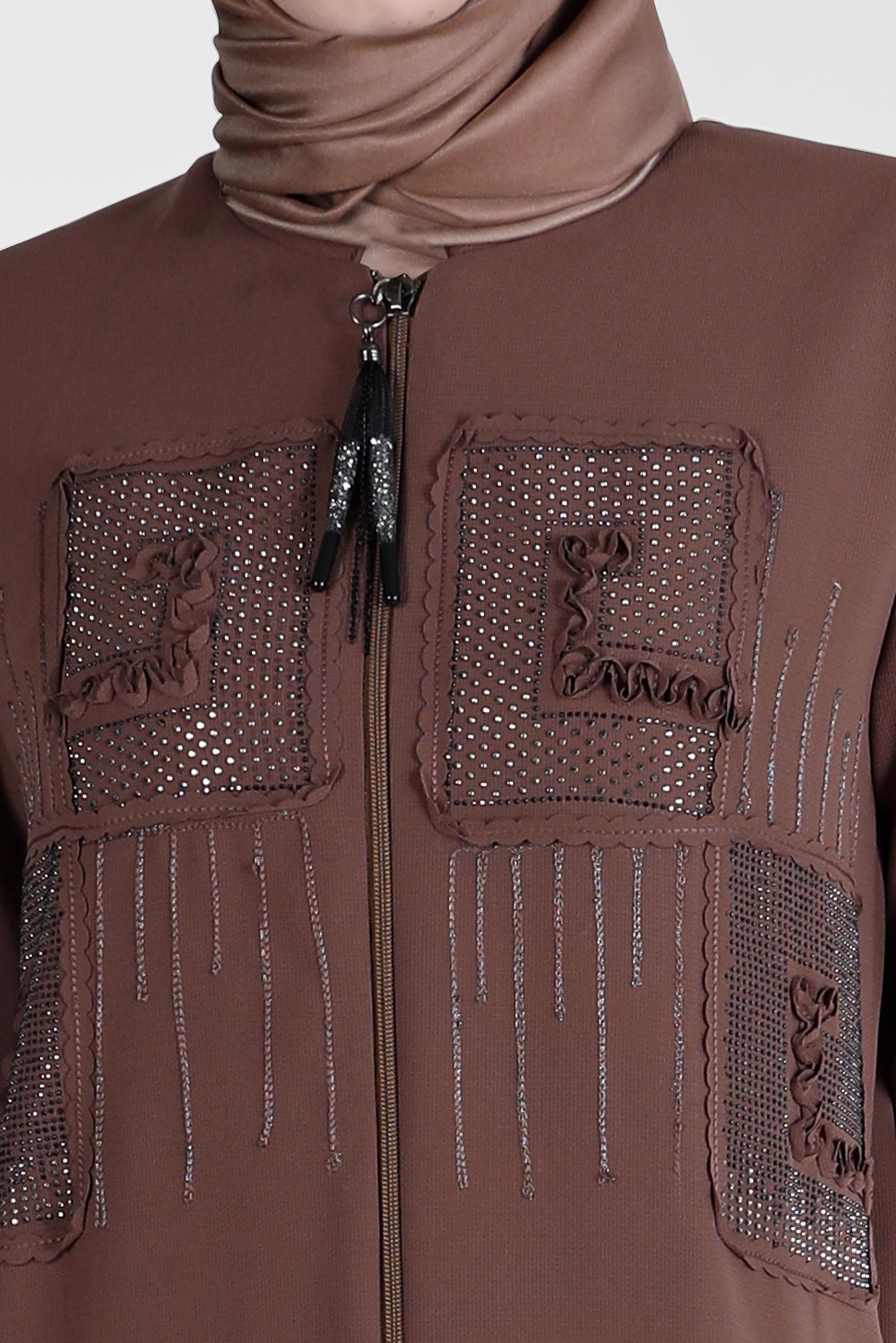 Tesettür giyim KAHVE TAŞ BASKI DETAYLI PARDESÜ 10523 