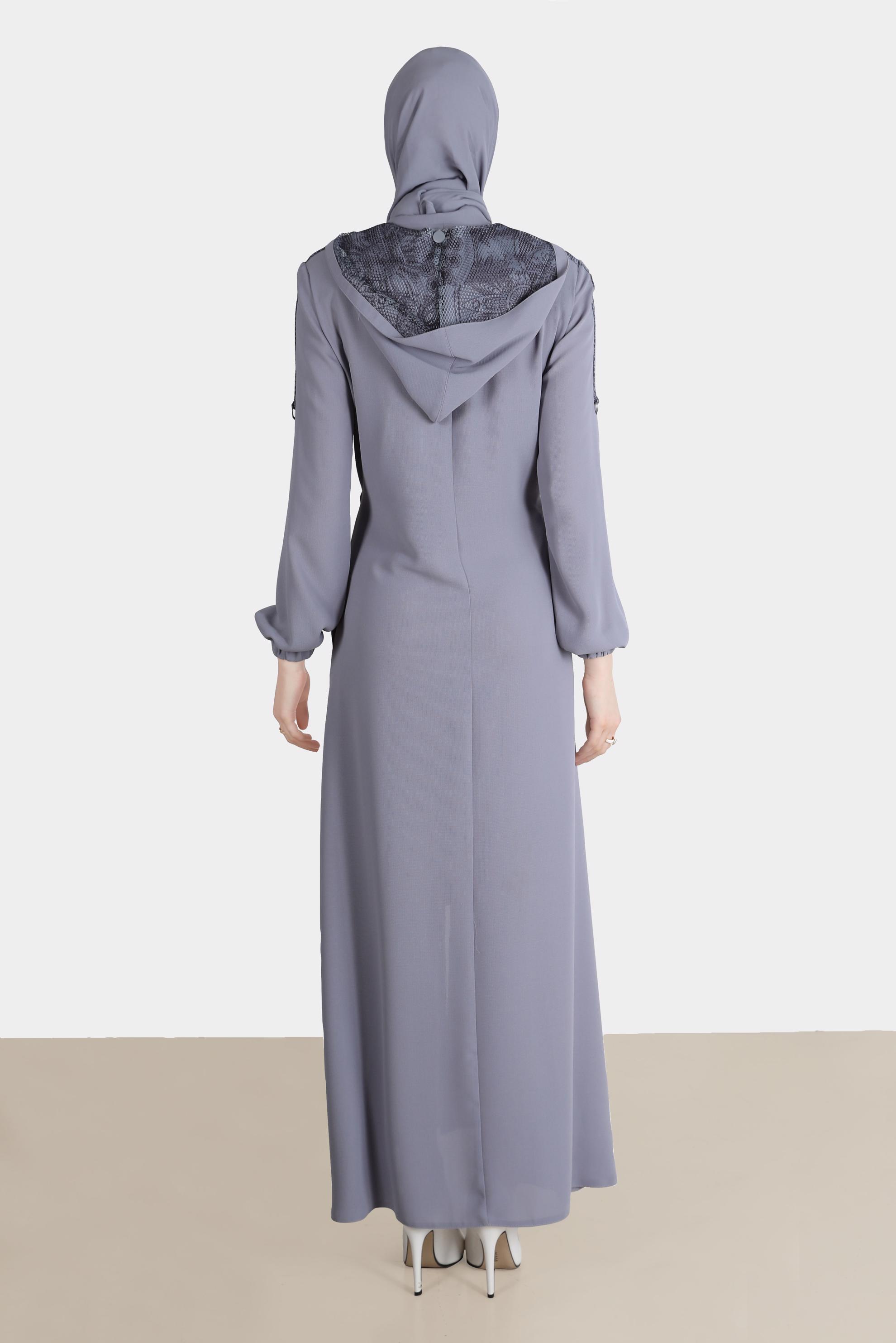 Tesettür giyim GRİ BELİ BÜZGÜLÜ KAPÜŞONLU PARDESÜ 10524 