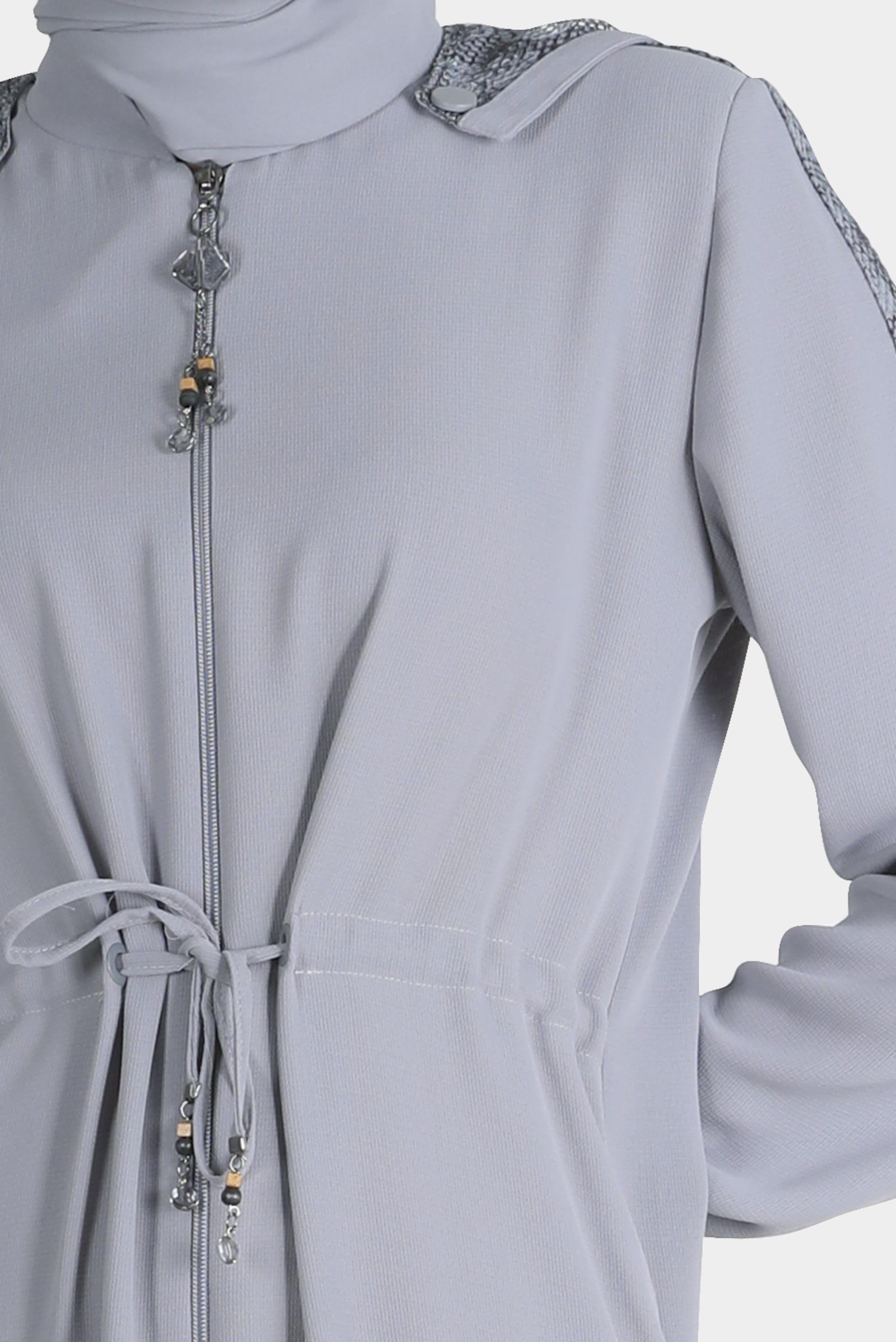 Tesettür giyim GRİ BELİ BÜZGÜLÜ KAPÜŞONLU PARDESÜ 10524 