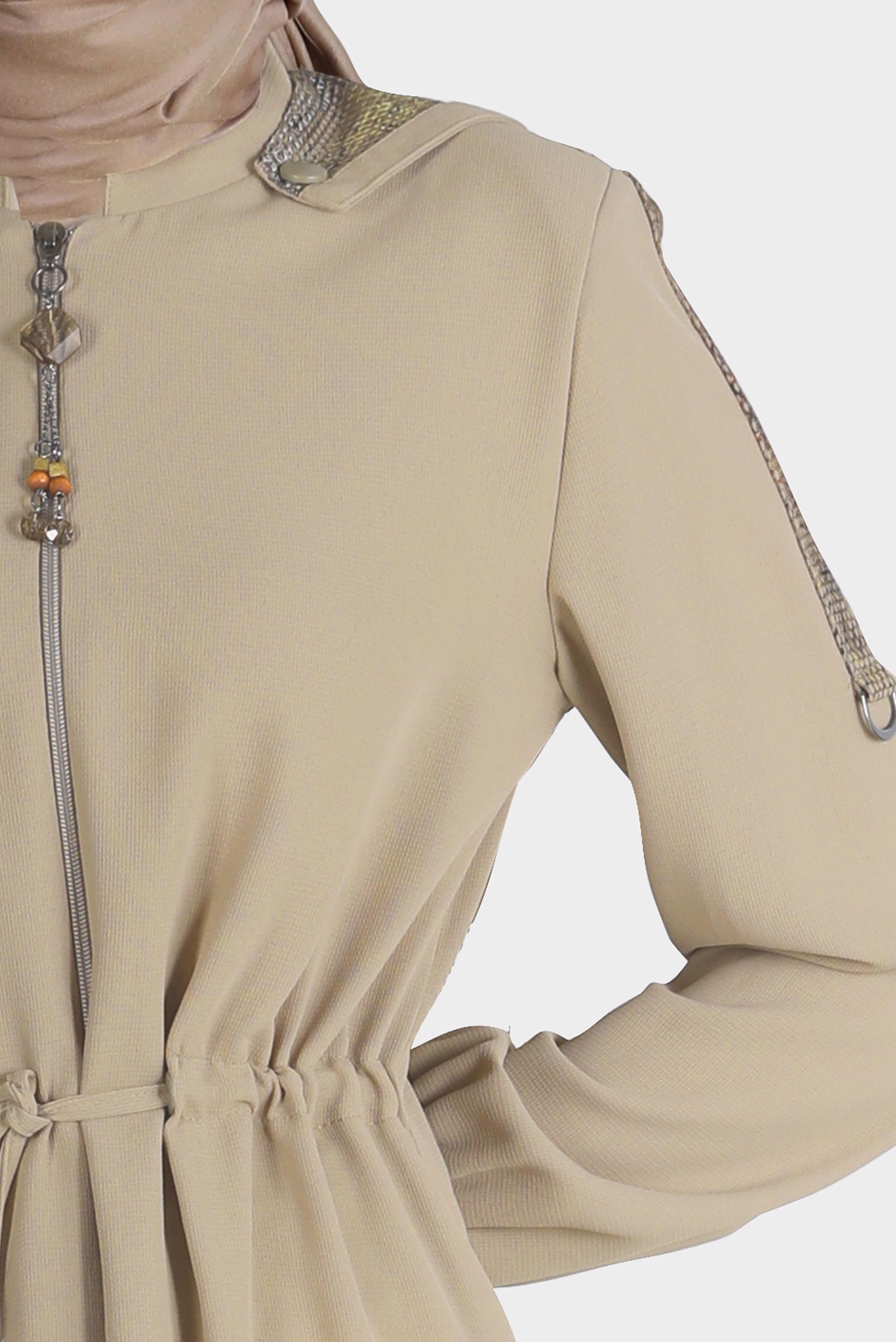 Tesettür giyim BEJ BELİ BÜZGÜLÜ KAPÜŞONLU PARDESÜ 10524 