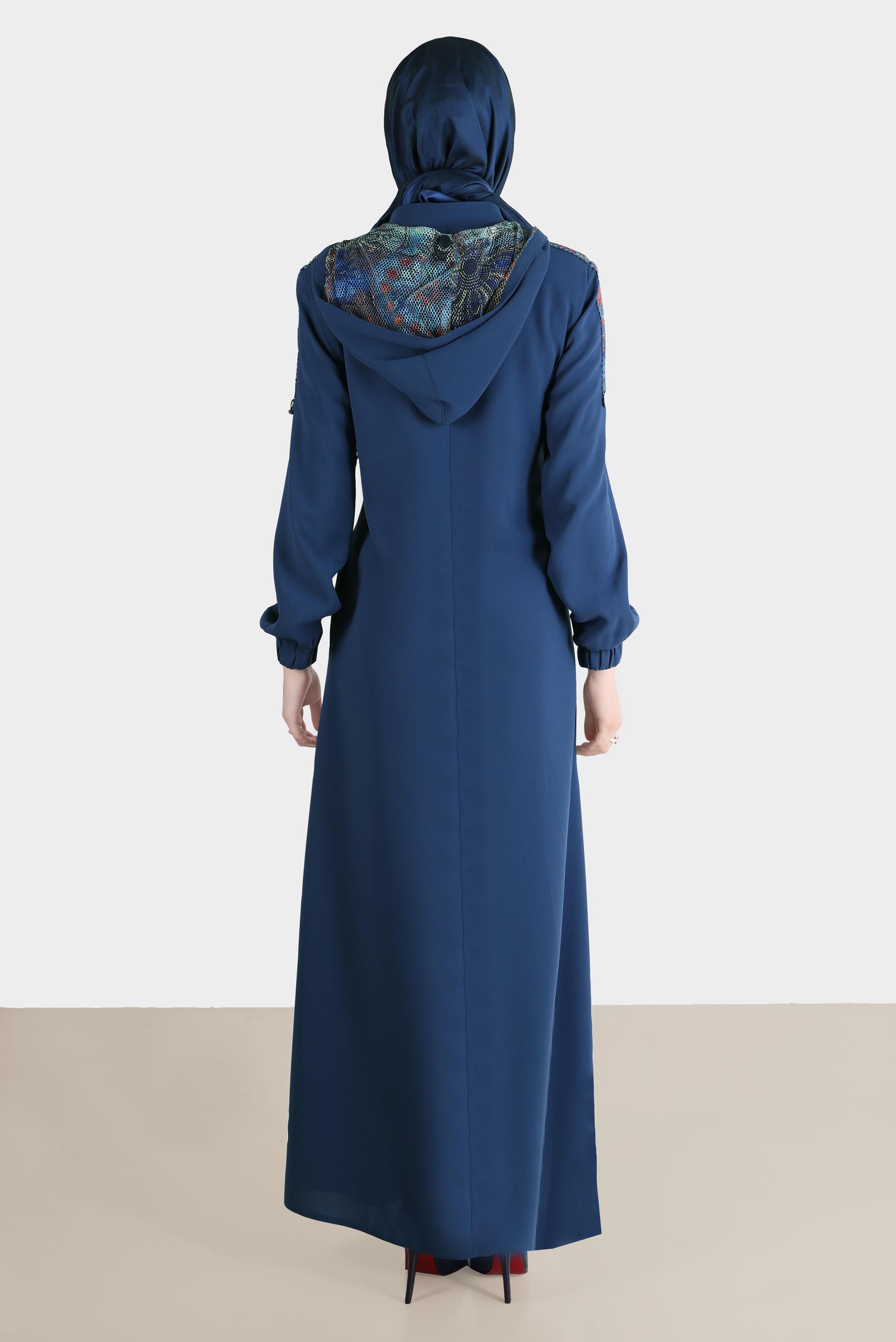 Tesettür giyim LACİVERT BELİ BÜZGÜLÜ KAPÜŞONLU PARDESÜ 10524 