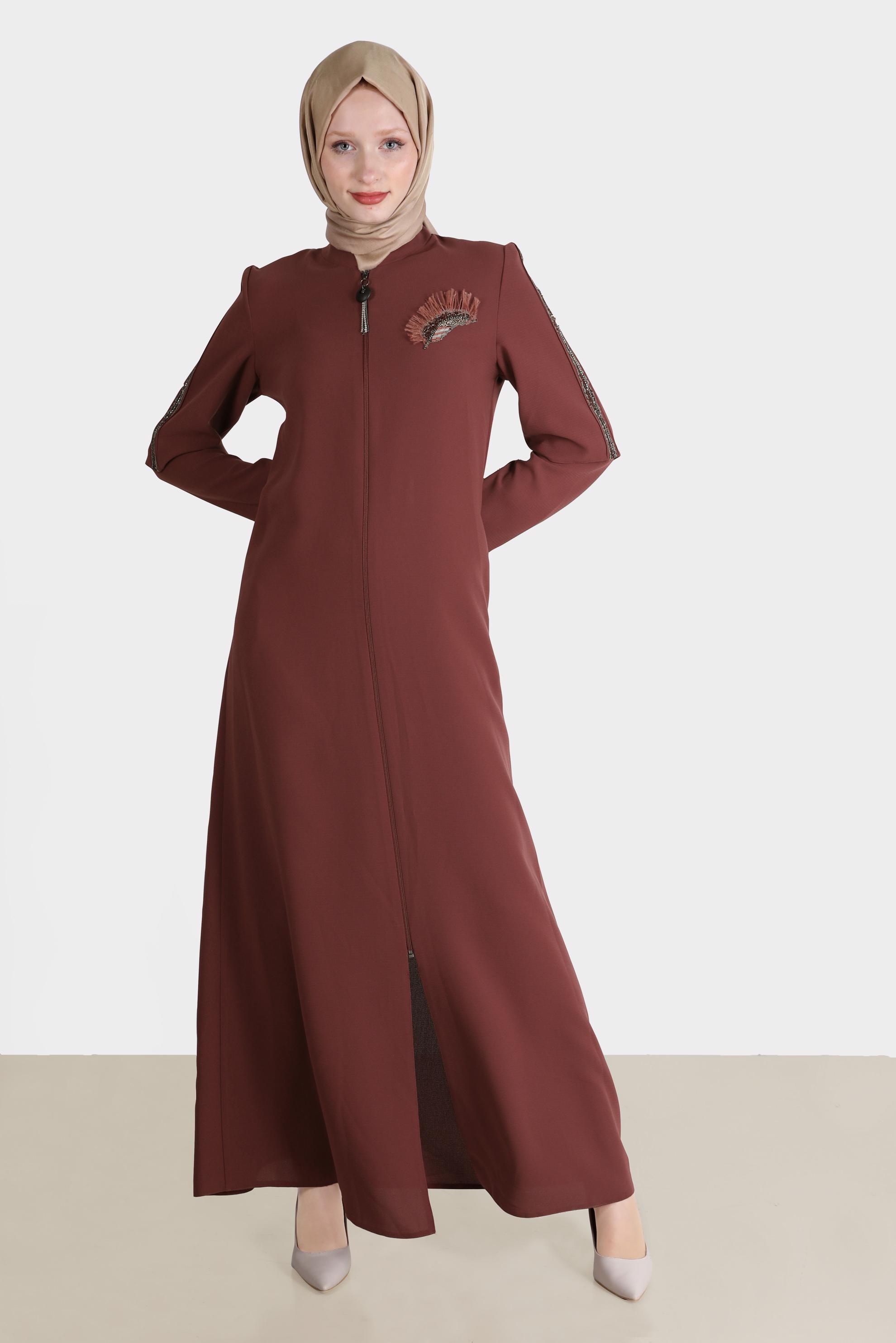 Tesettür giyim TURUNCU BONCUK İŞLEME DETAYLI PARDESÜ 10525 