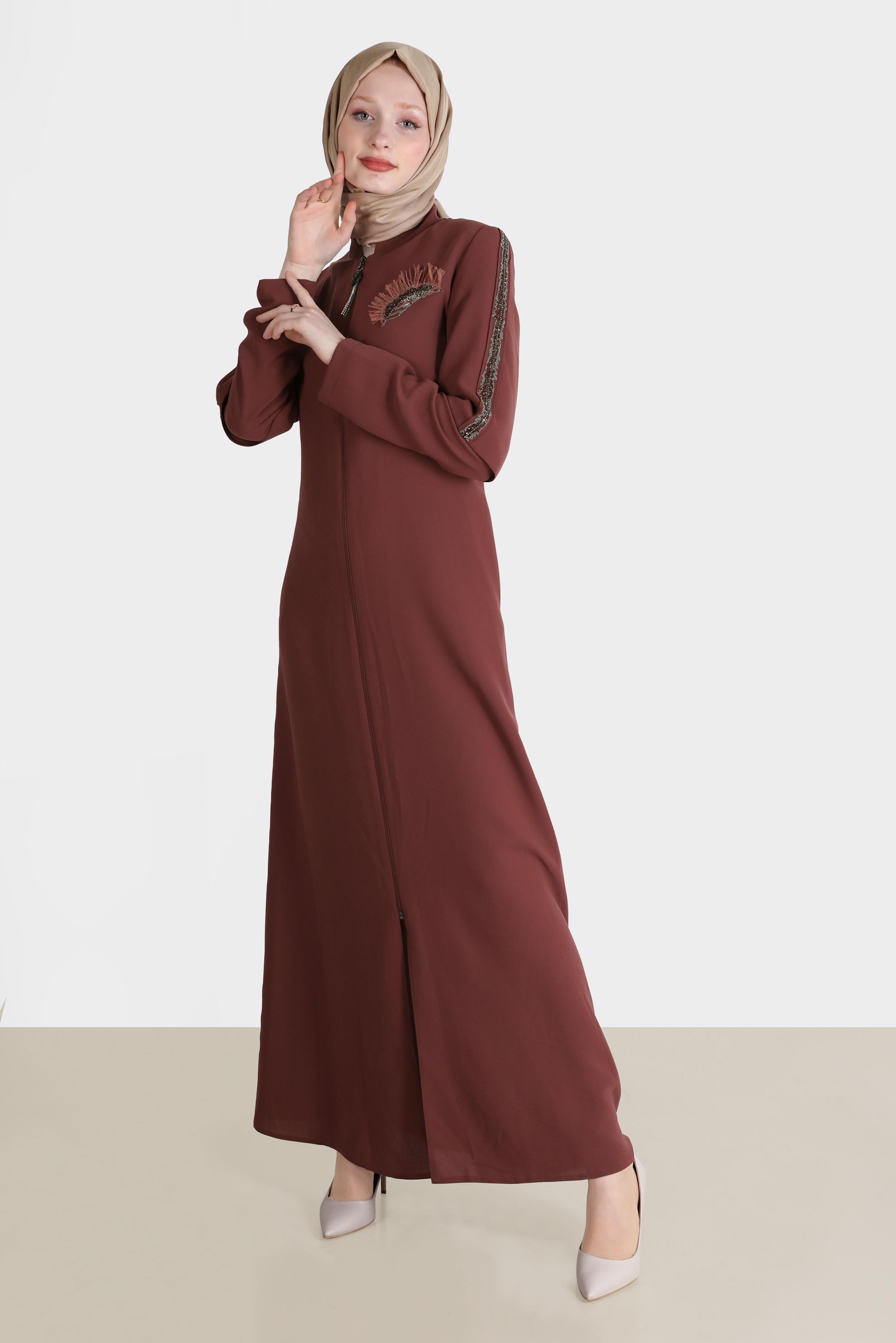 Tesettür giyim TURUNCU BONCUK İŞLEME DETAYLI PARDESÜ 10525 