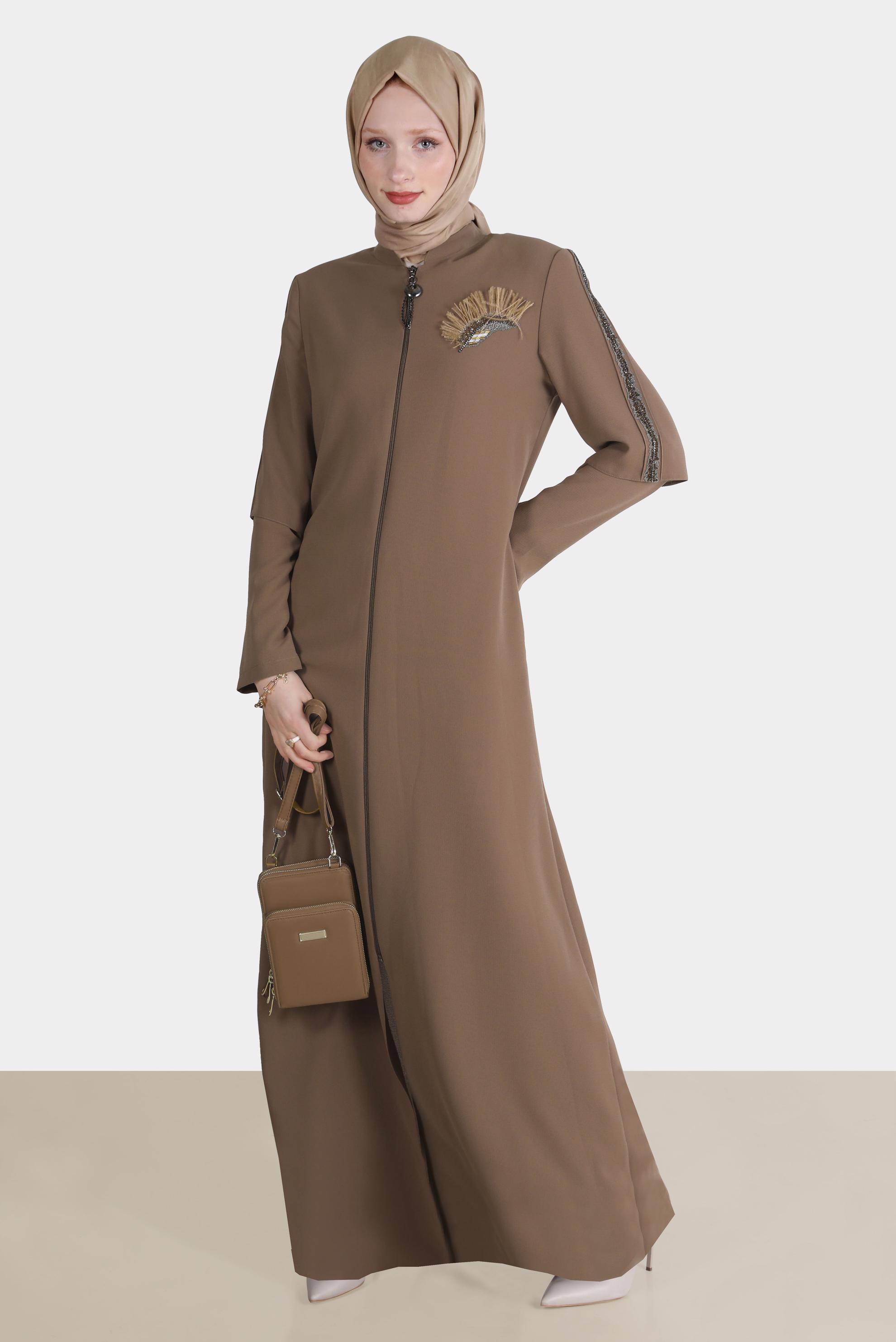 Tesettür giyim KAHVE BONCUK İŞLEME DETAYLI PARDESÜ 10525 