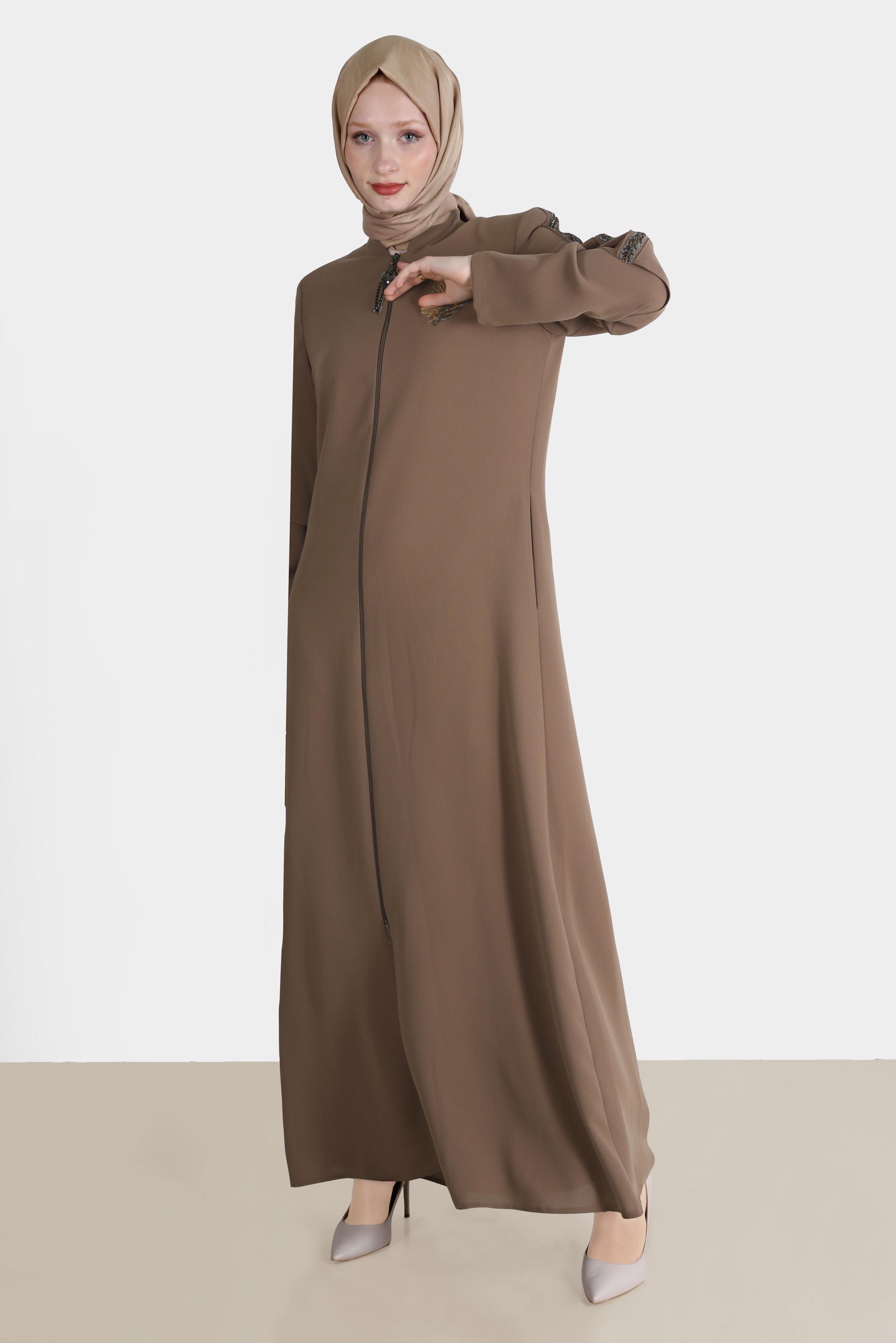Tesettür giyim KAHVE BONCUK İŞLEME DETAYLI PARDESÜ 10525 