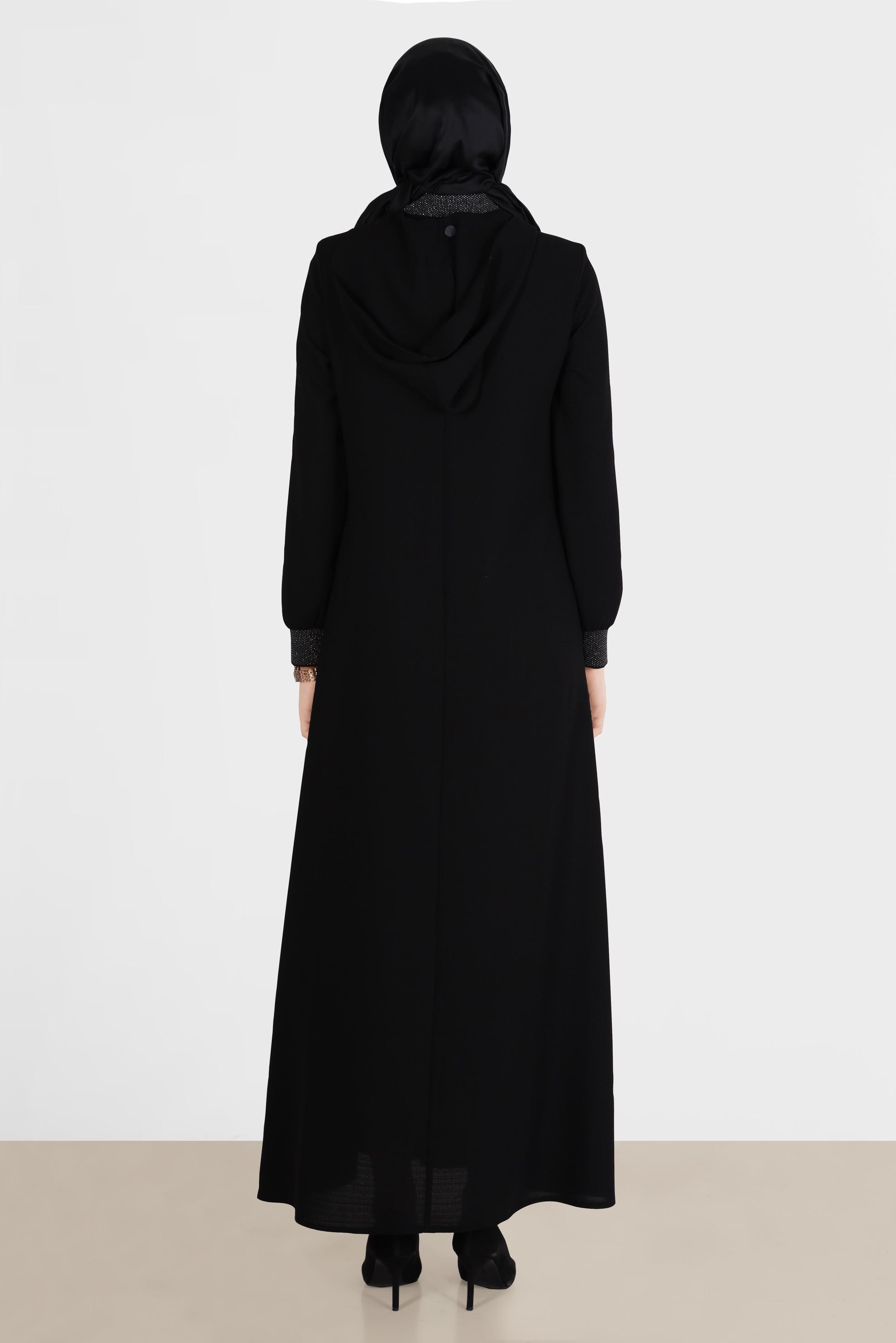 Tesettür giyim SİYAH TAŞ BASKI DETAYLI FERMUARLI PARDESÜ 10526 