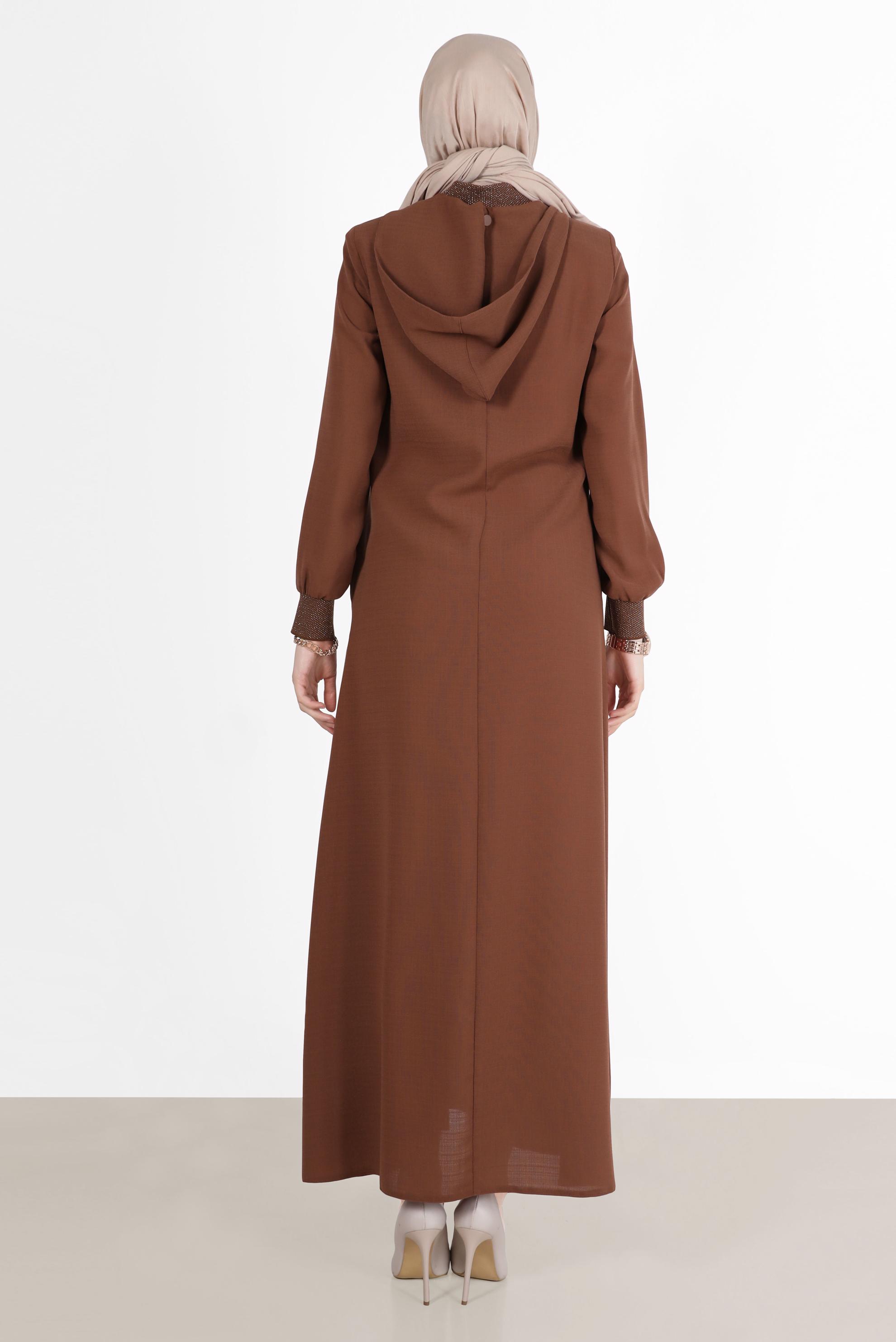 Tesettür giyim TURUNCU TAŞ BASKI DETAYLI FERMUARLI PARDESÜ 10526 