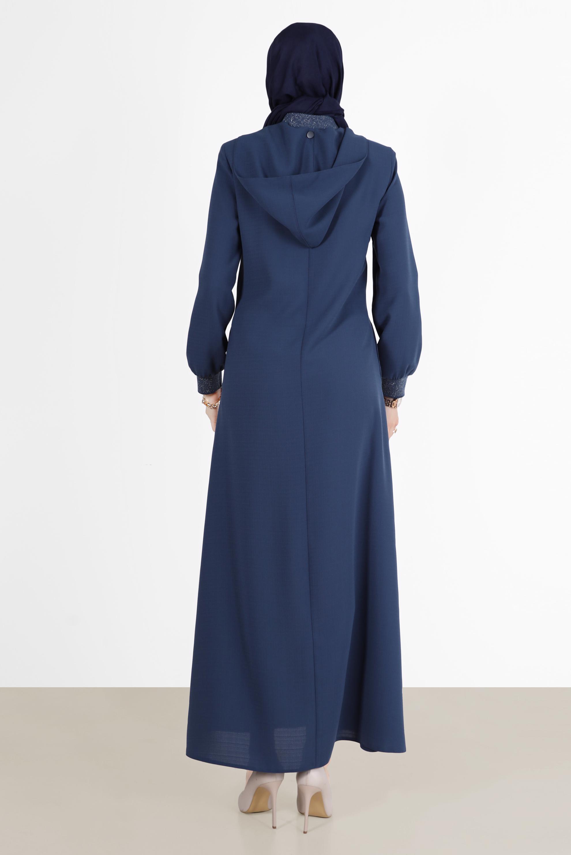 Tesettür giyim LACİVERT TAŞ BASKI DETAYLI FERMUARLI PARDESÜ 10526 