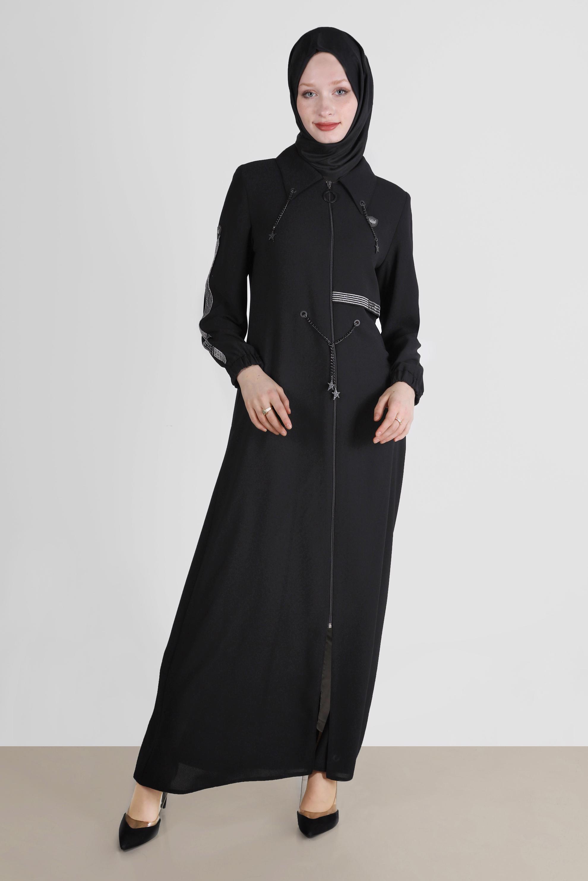 Tesettür giyim SİYAH BAĞCIKLI FERMUARLI PARDESÜ 10527 