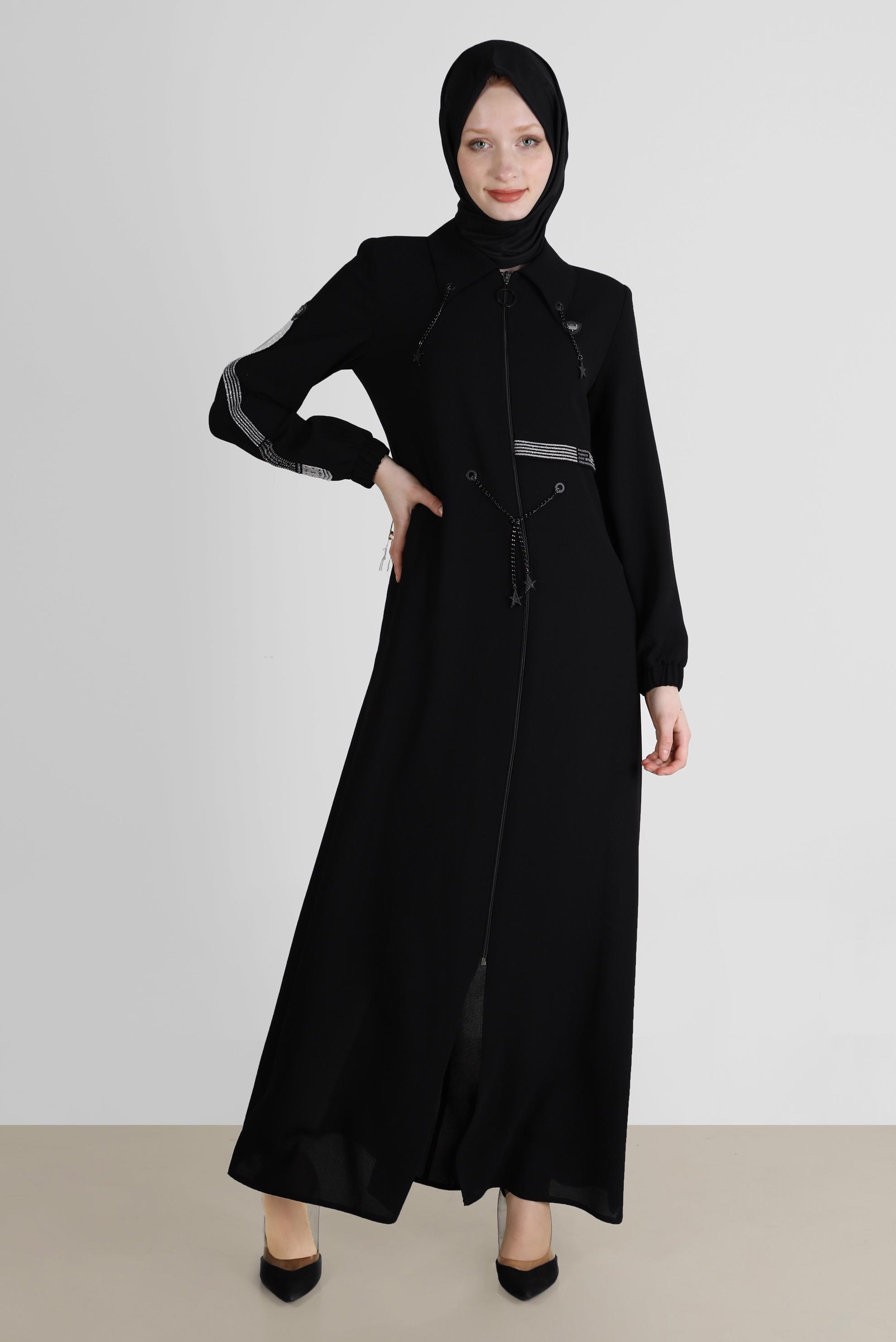 Tesettür giyim SİYAH BAĞCIKLI FERMUARLI PARDESÜ 10527 