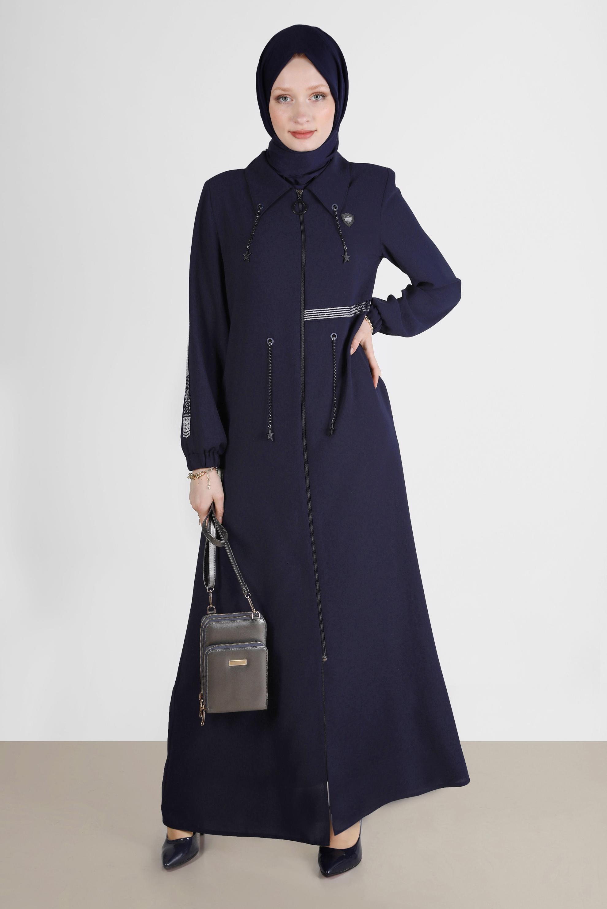 Tesettür giyim LACİVERT BAĞCIKLI FERMUARLI PARDESÜ 10527 