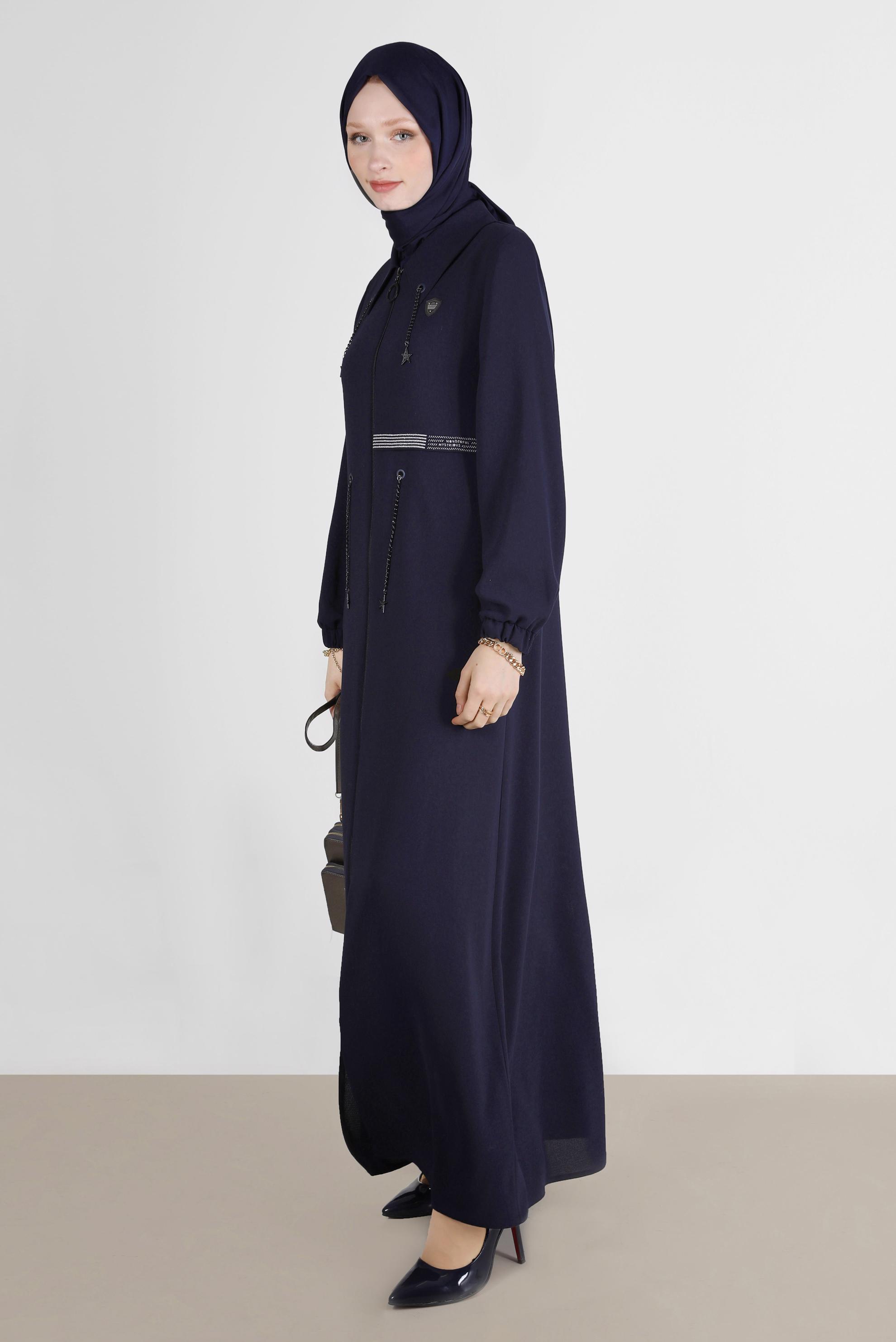 Tesettür giyim LACİVERT BAĞCIKLI FERMUARLI PARDESÜ 10527 