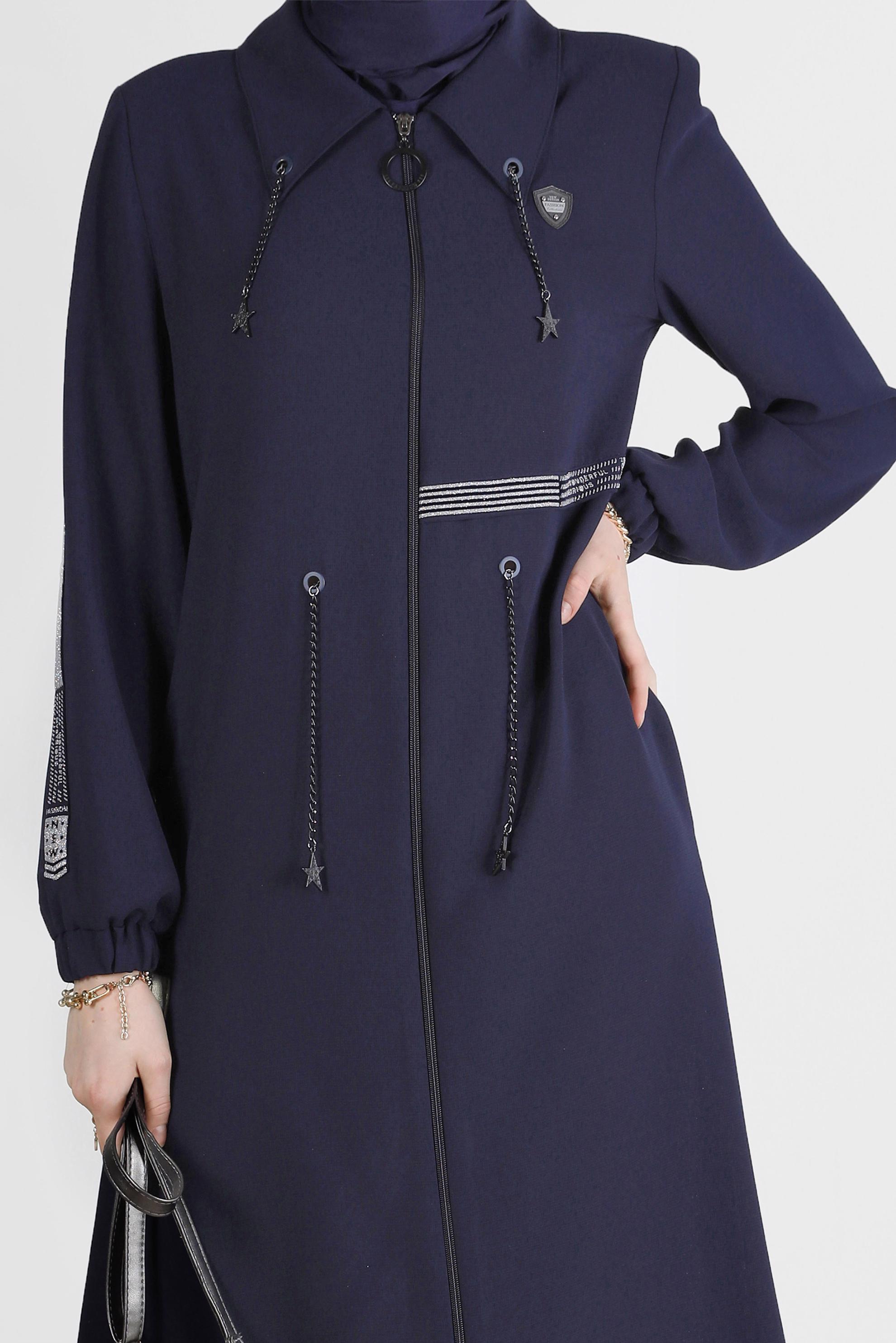 Tesettür giyim LACİVERT BAĞCIKLI FERMUARLI PARDESÜ 10527 