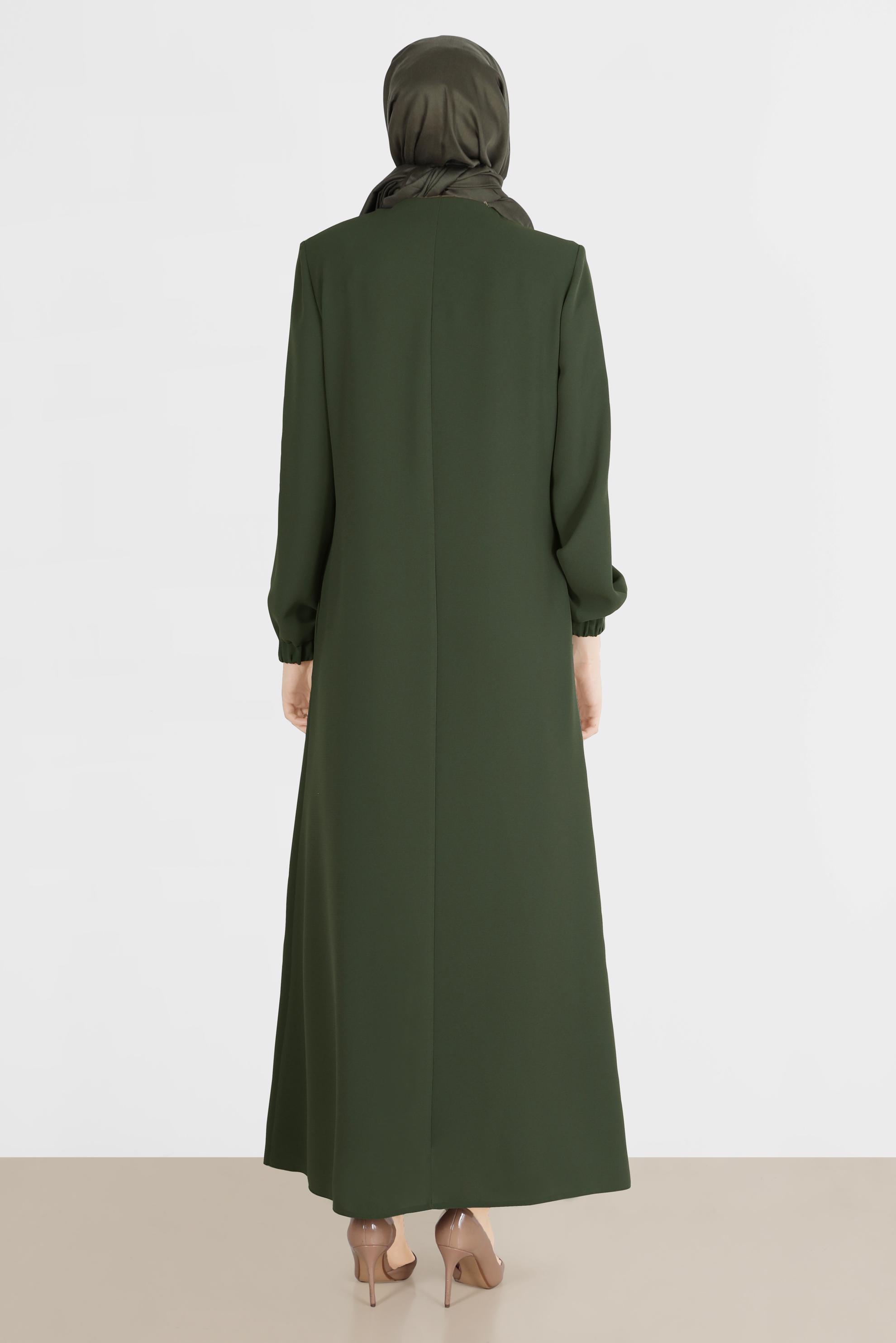 Tesettür giyim HAKİ TAŞ BASKI DETAYLI FERMUARLI PARDESÜ 10528 