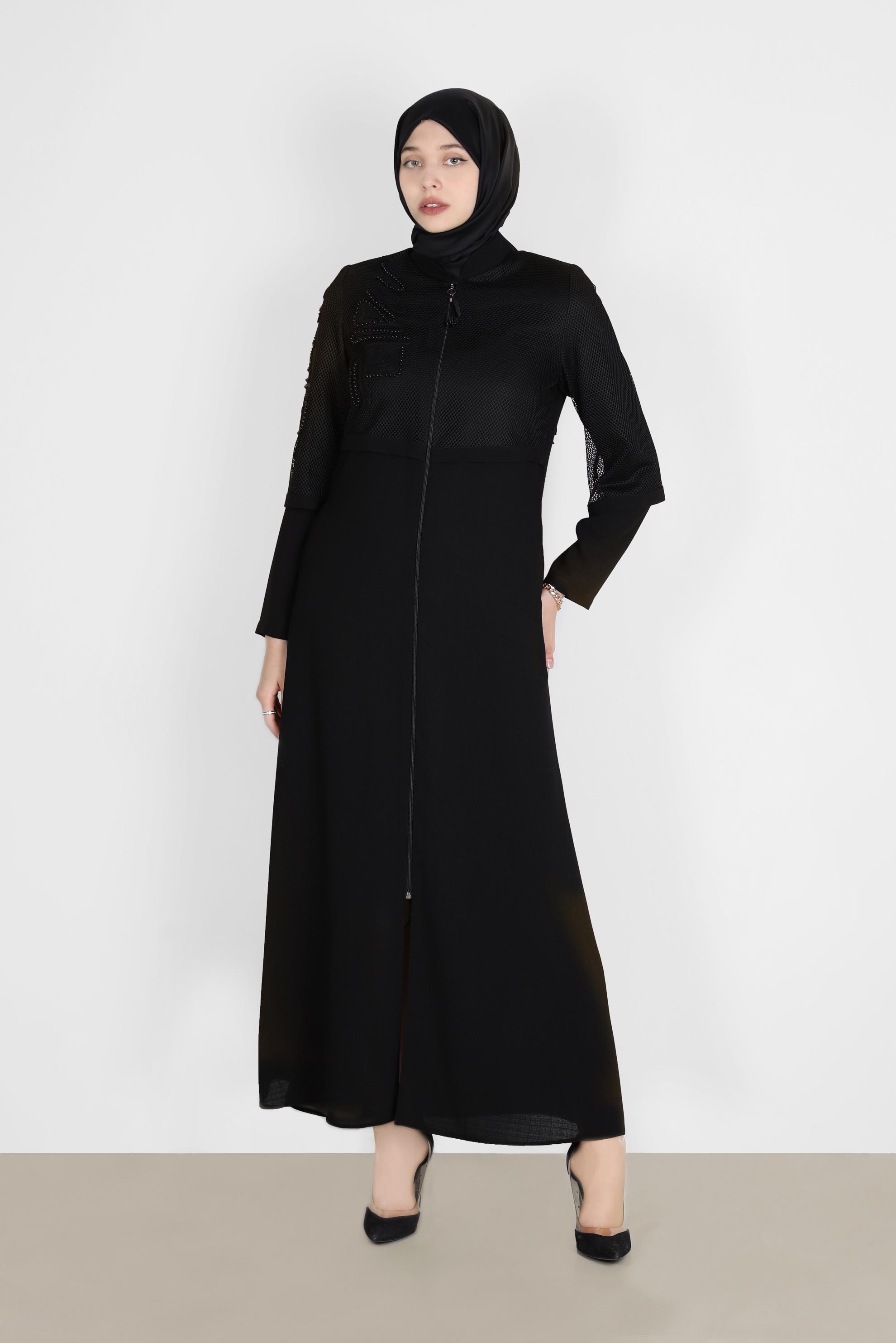 Tesettür giyim SİYAH FİLE DETAYLI PARDESÜ 10531 