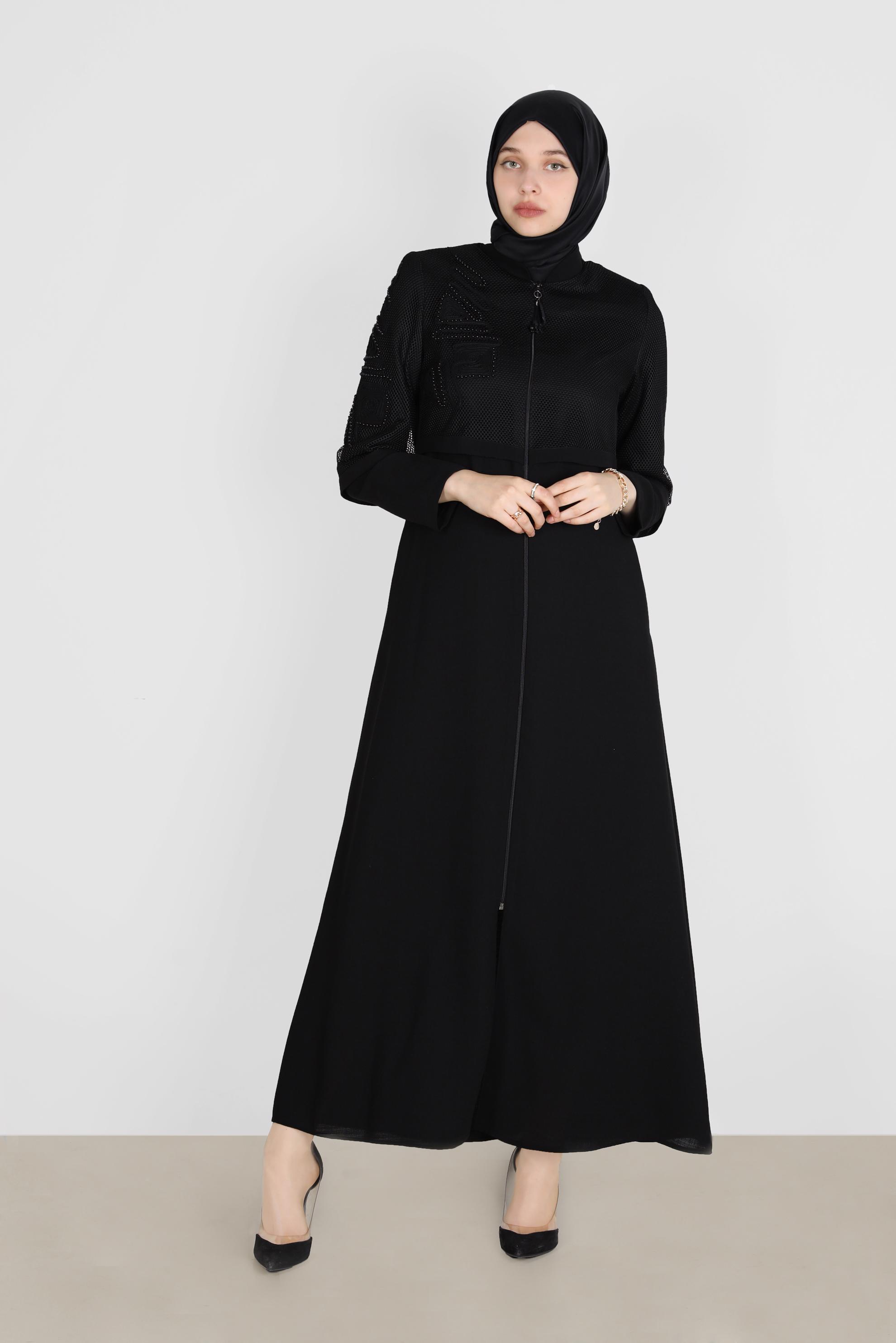Tesettür giyim SİYAH FİLE DETAYLI PARDESÜ 10531 