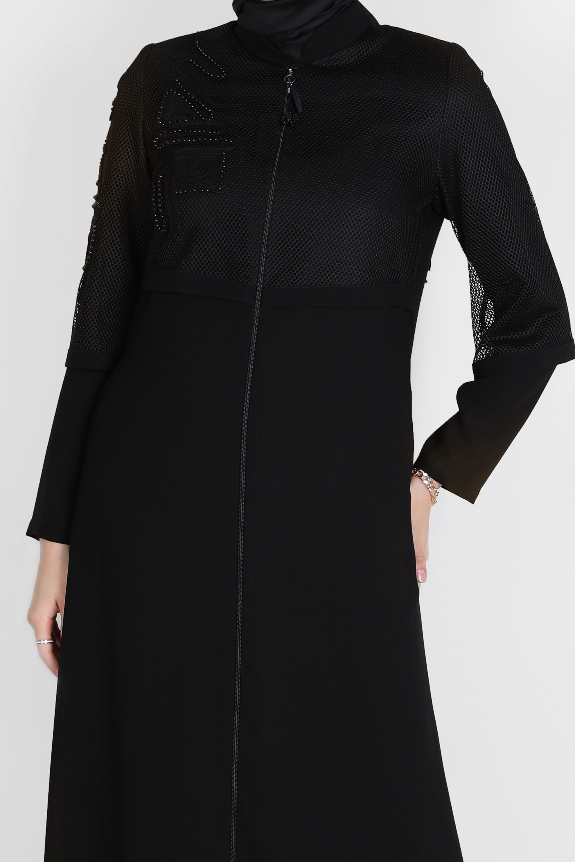 Tesettür giyim SİYAH FİLE DETAYLI PARDESÜ 10531 