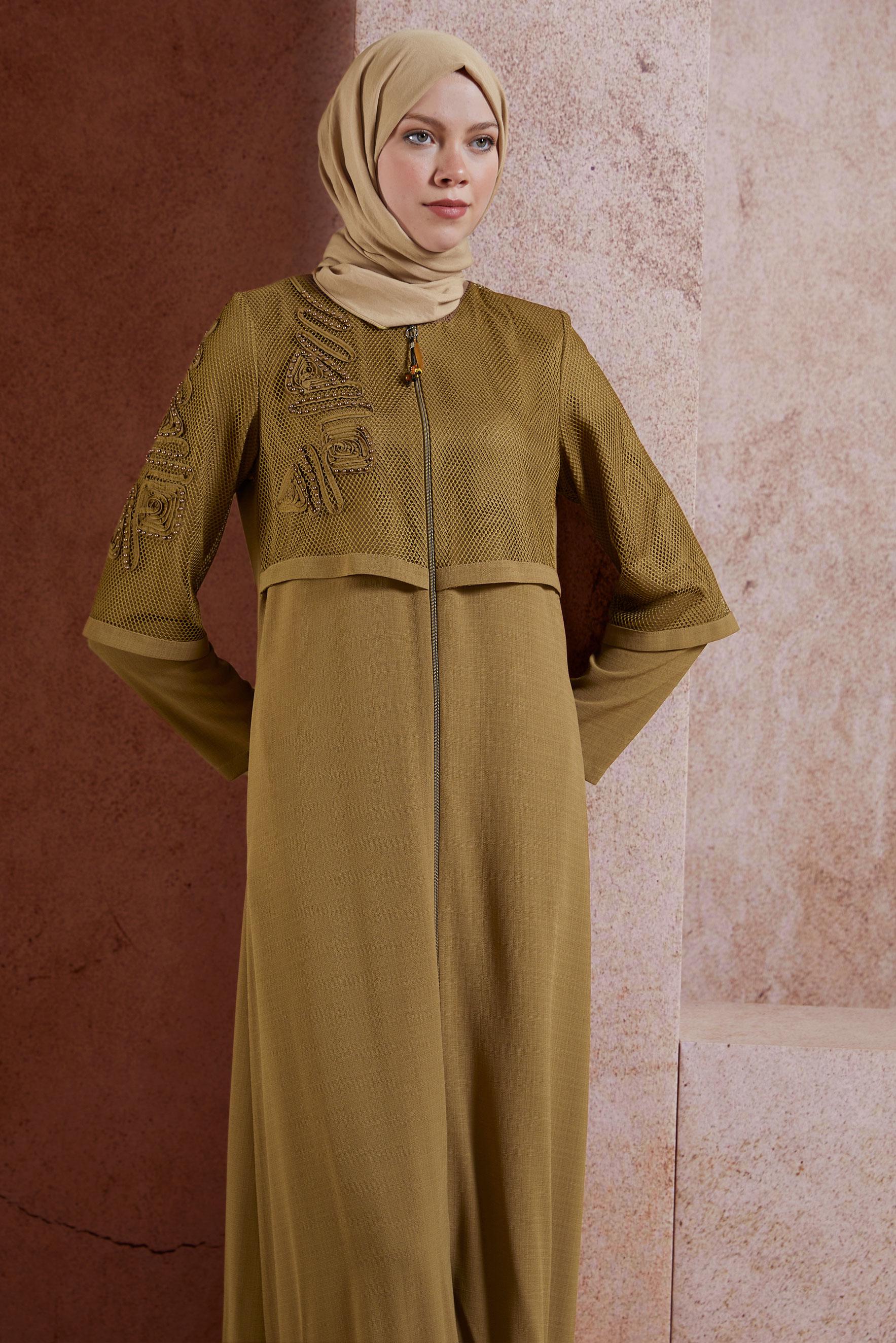 Tesettür giyim SARI FİLE DETAYLI PARDESÜ 10531 