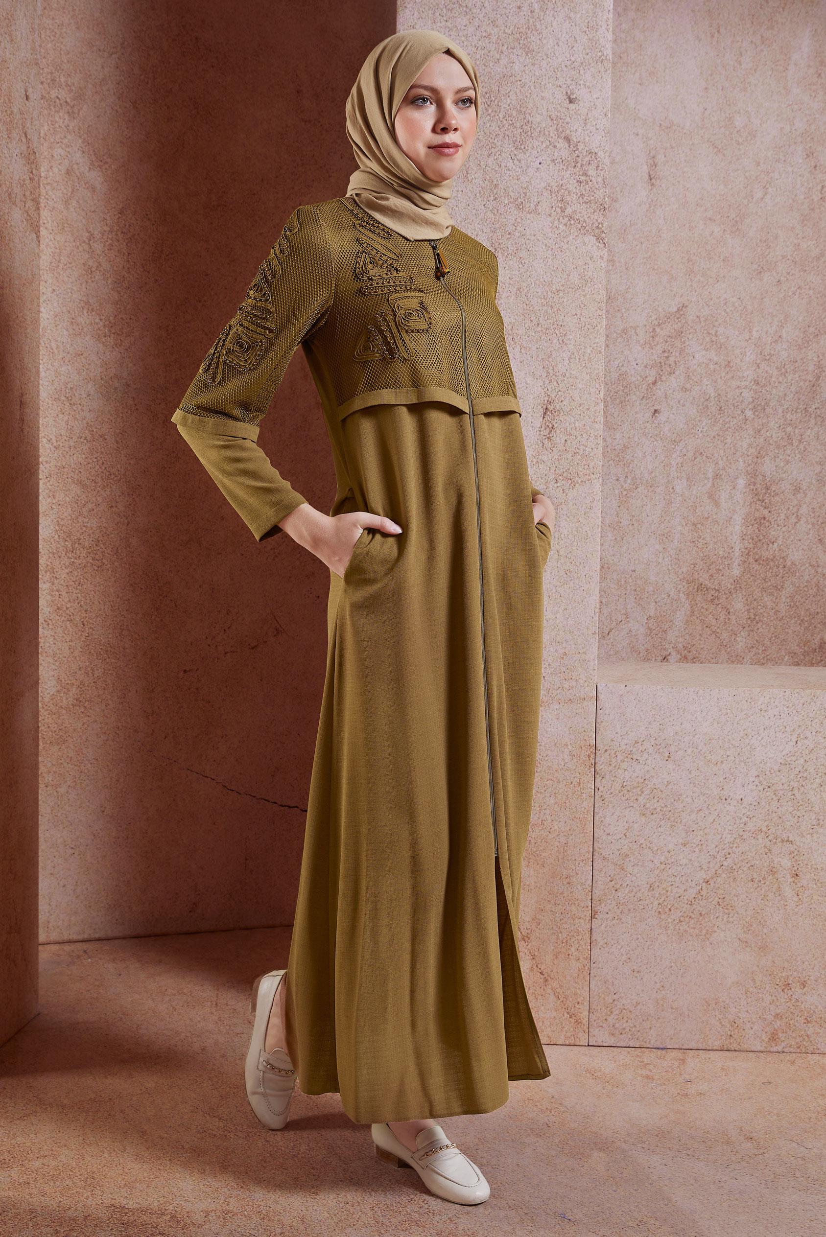 Tesettür giyim SARI FİLE DETAYLI PARDESÜ 10531 