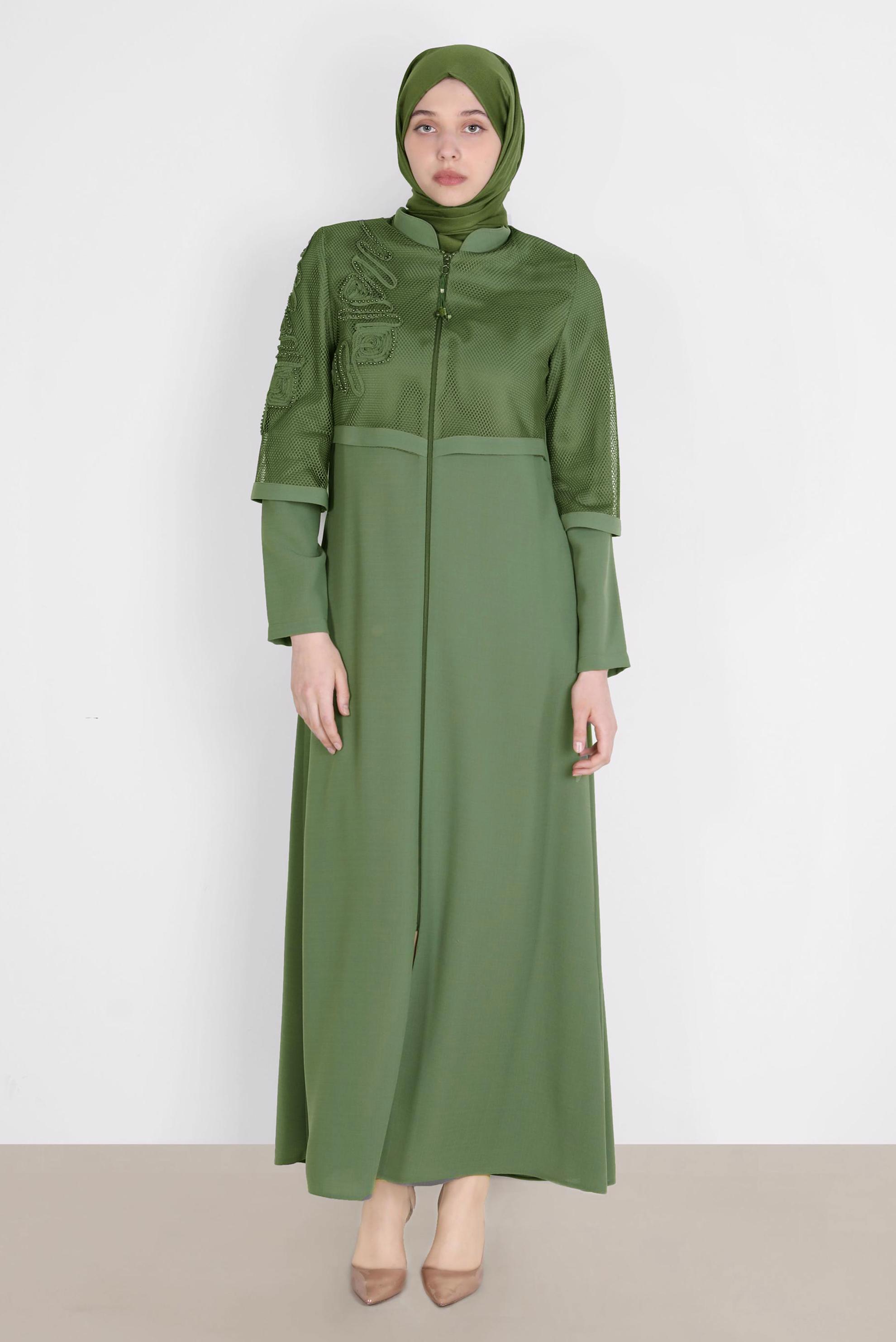 Tesettür giyim YEŞİL FİLE DETAYLI PARDESÜ 10531 