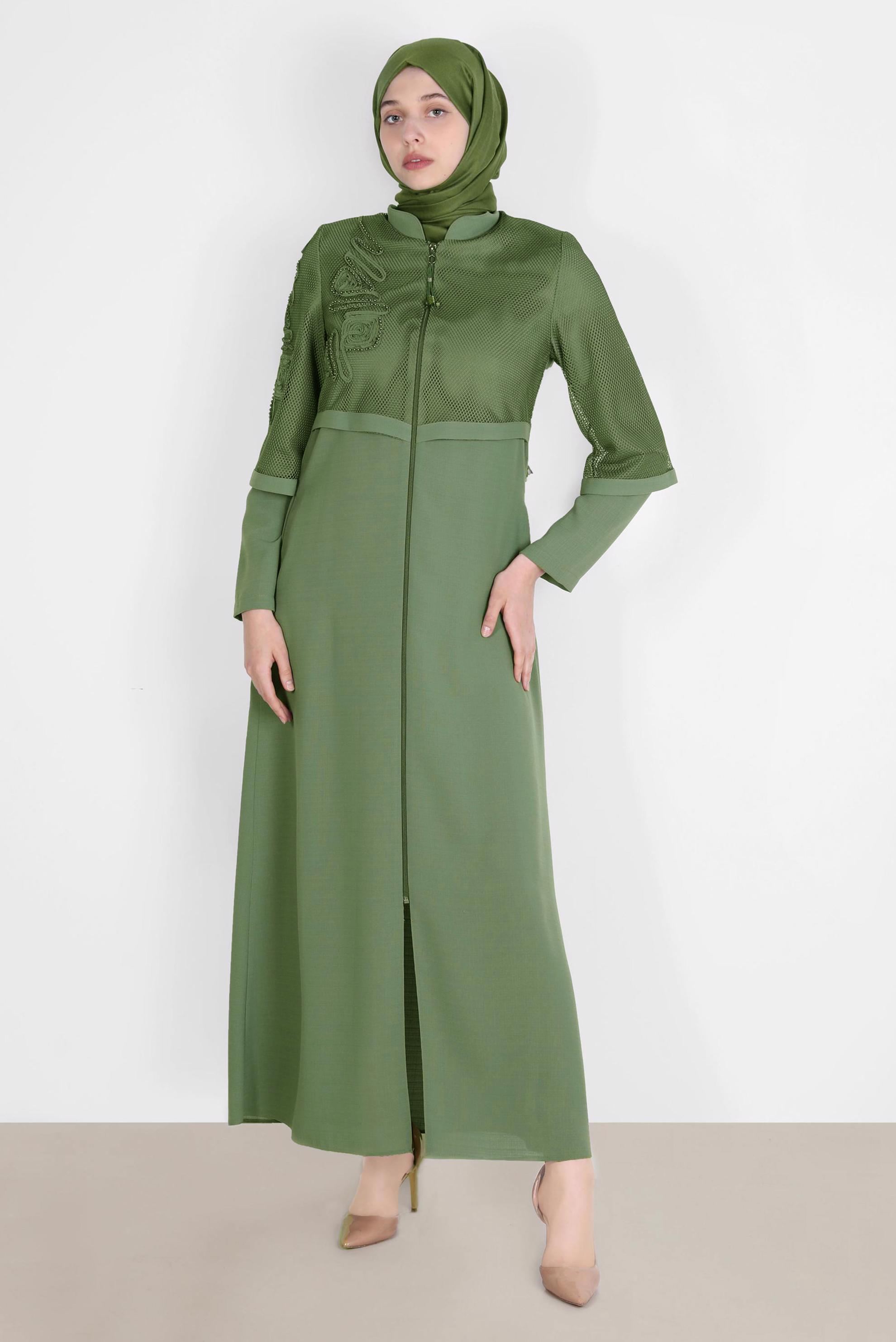 Tesettür giyim YEŞİL FİLE DETAYLI PARDESÜ 10531 