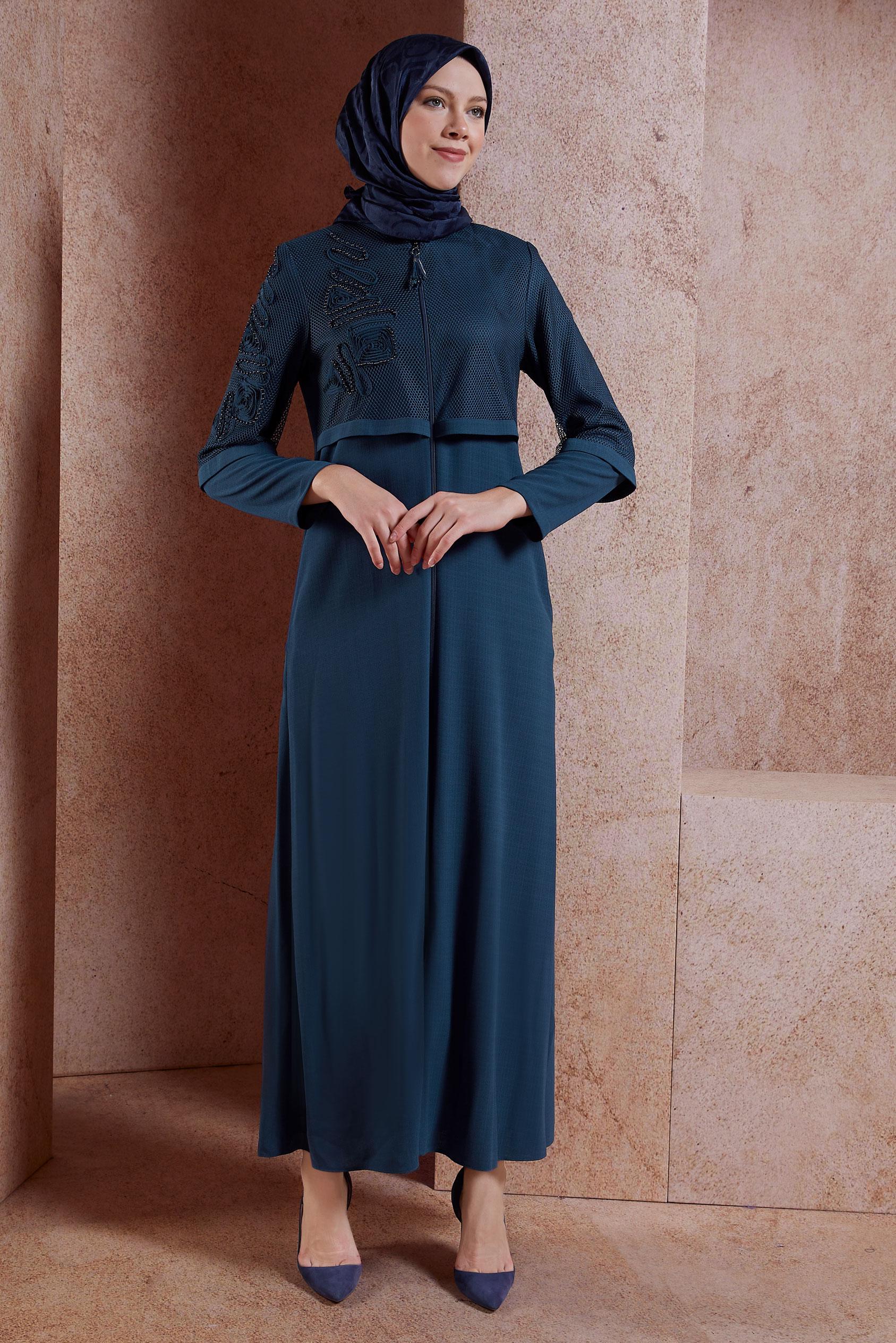 Tesettür giyim LACİVERT FİLE DETAYLI PARDESÜ 10531 