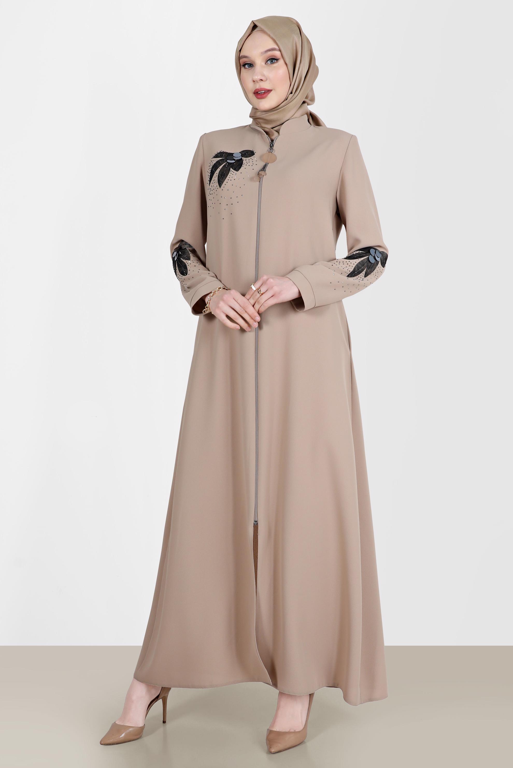 Tesettür giyim BEJ TAŞ BASKILI DESENLİ PARDESÜ 10532 