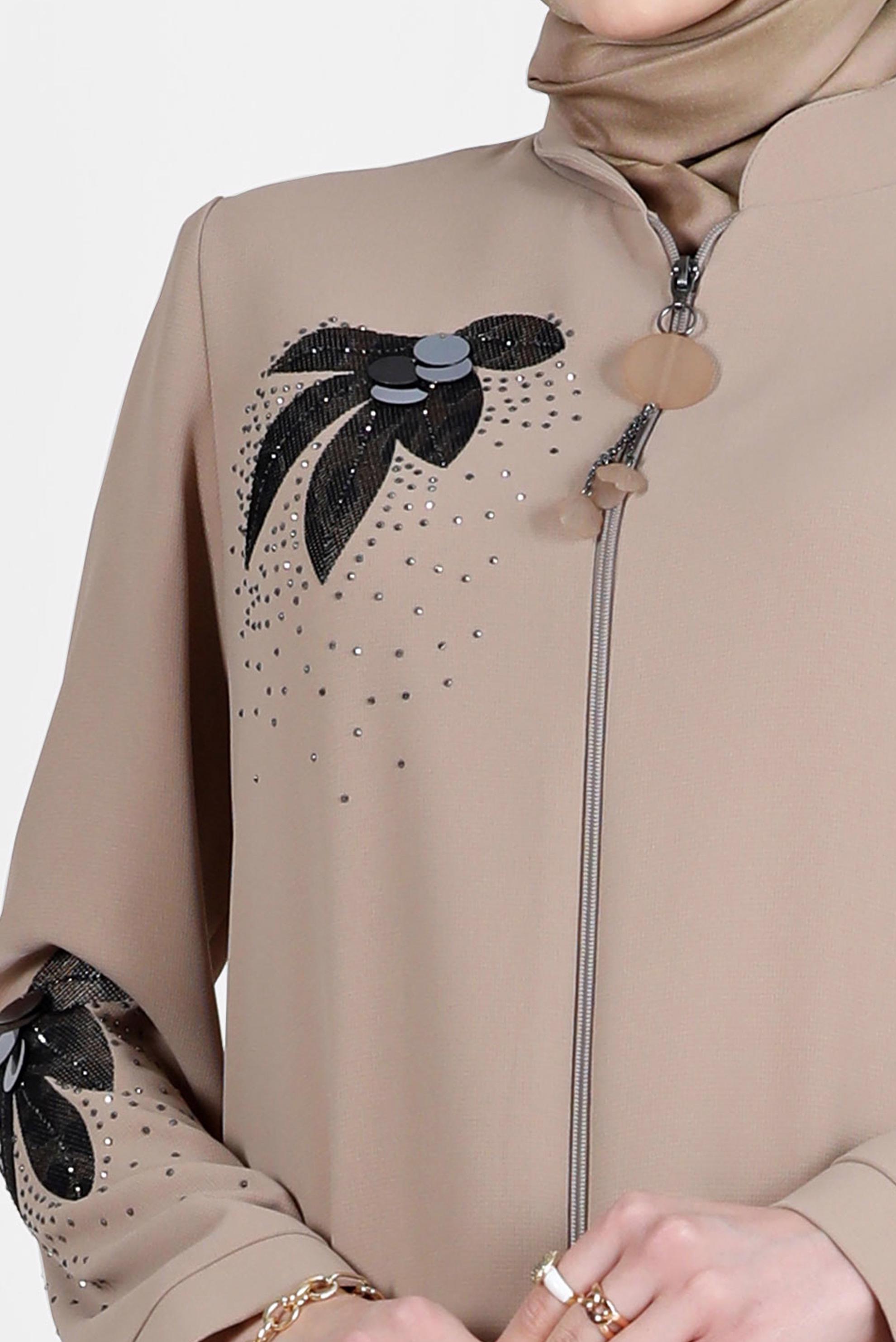 Tesettür giyim BEJ TAŞ BASKILI DESENLİ PARDESÜ 10532 