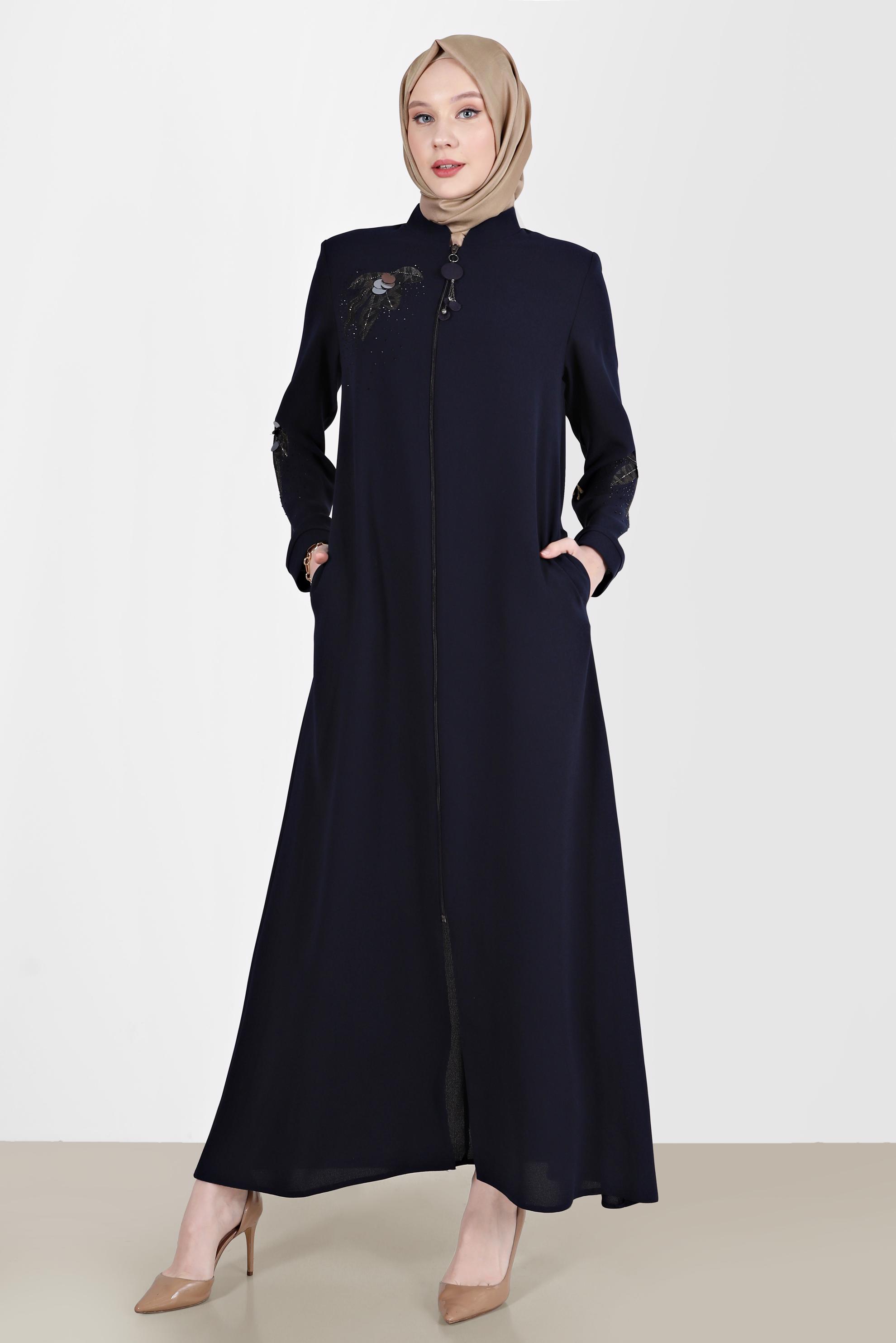 Tesettür giyim LACİVERT TAŞ BASKILI DESENLİ PARDESÜ 10532 