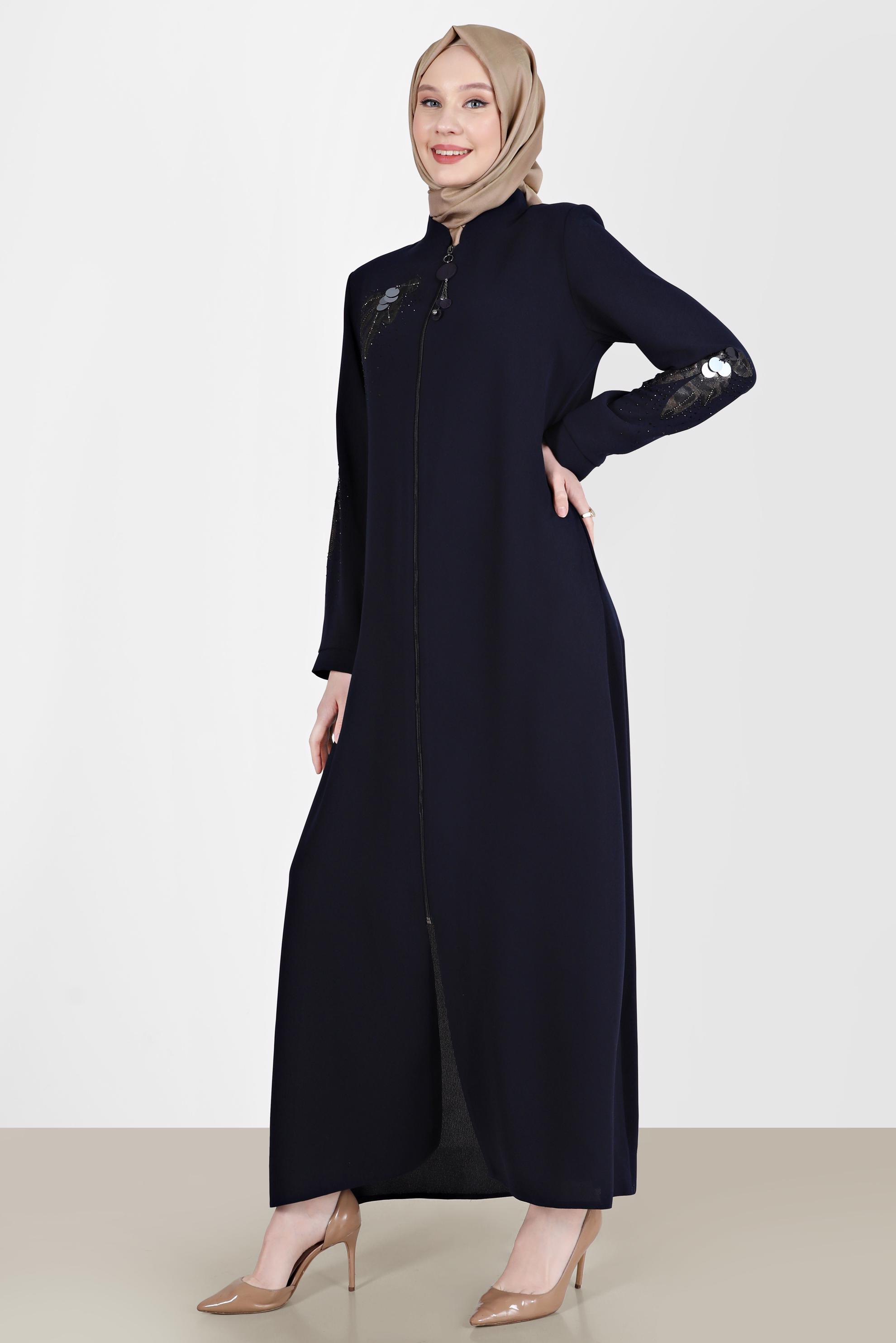 Tesettür giyim LACİVERT TAŞ BASKILI DESENLİ PARDESÜ 10532 