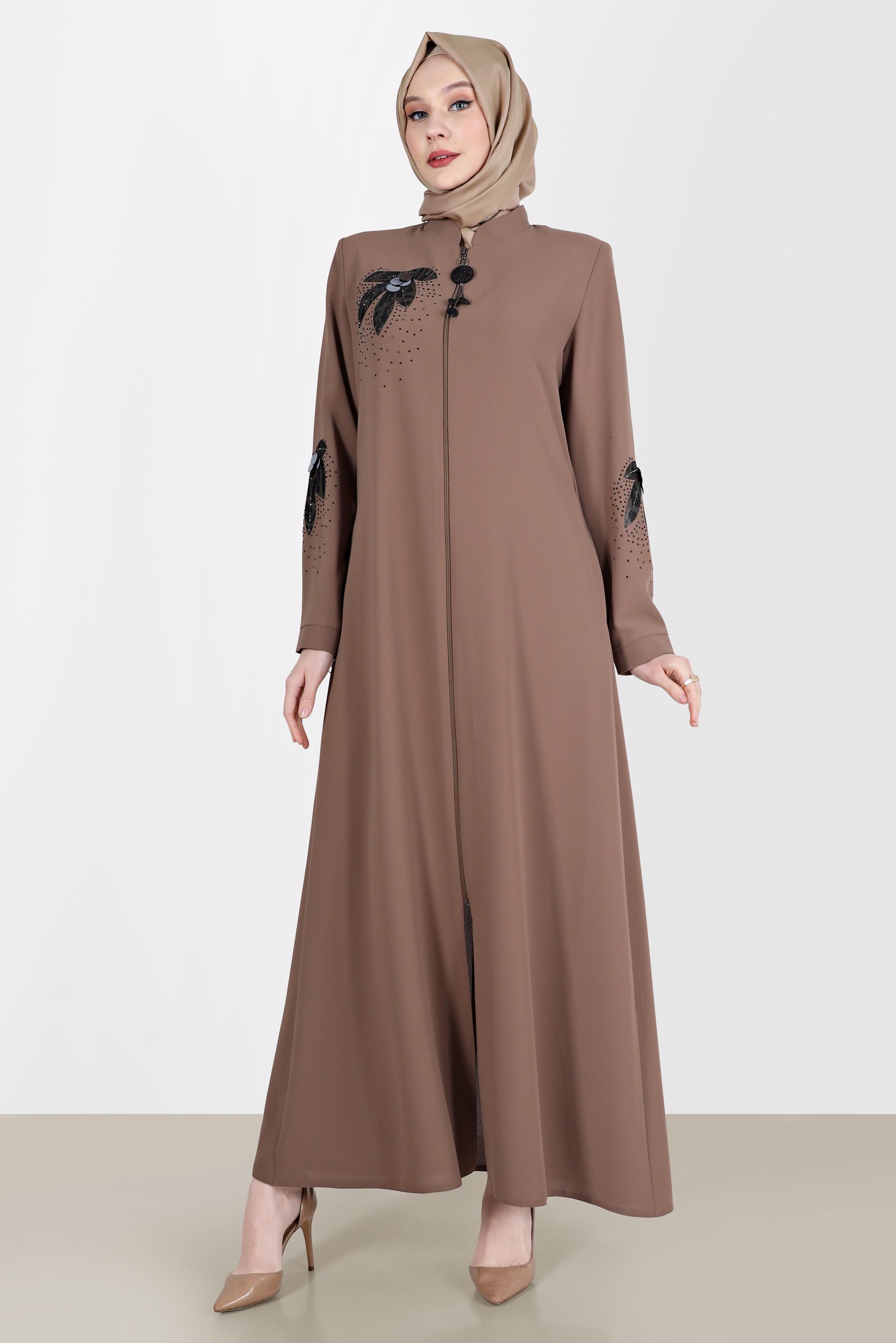 Tesettür giyim KAHVE TAŞ BASKILI DESENLİ PARDESÜ 10532 