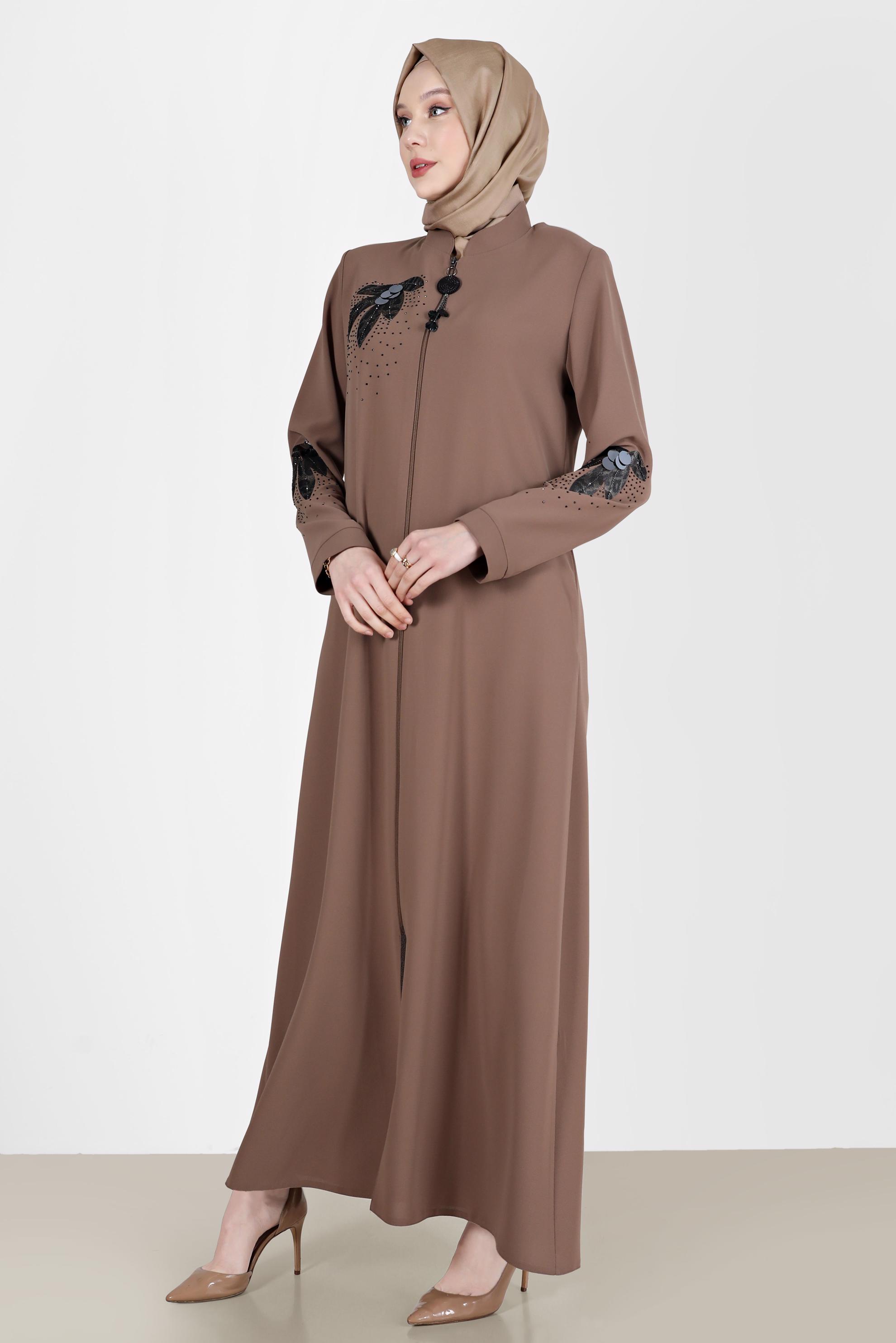 Tesettür giyim KAHVE TAŞ BASKILI DESENLİ PARDESÜ 10532 