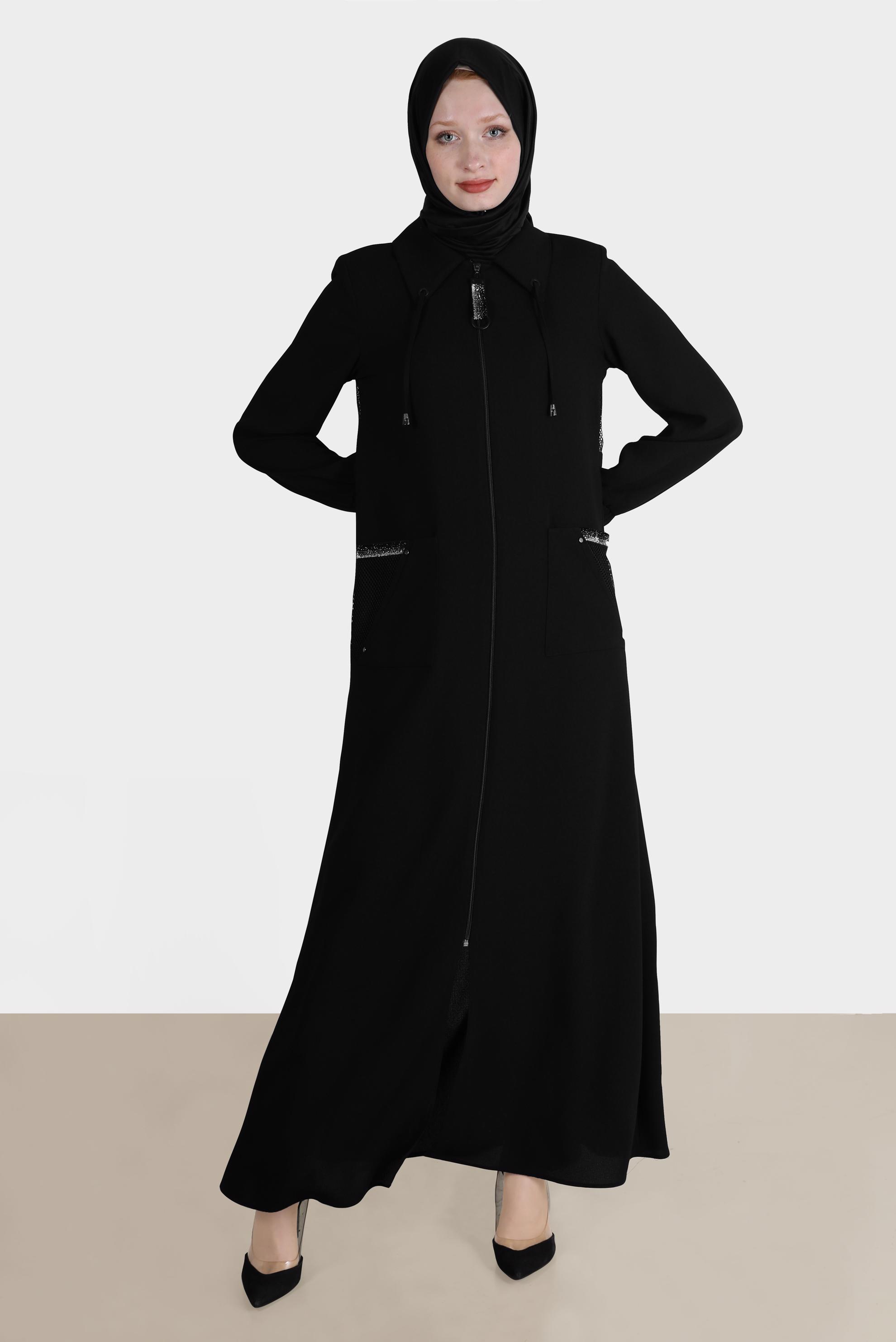 Tesettür giyim SİYAH FERMUARLI FİLE DETAYLI PARDESÜ 10533 