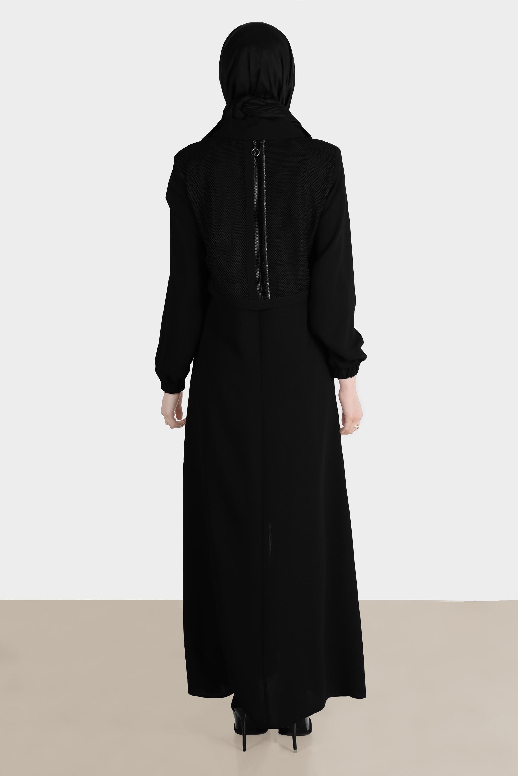 Tesettür giyim SİYAH FERMUARLI FİLE DETAYLI PARDESÜ 10533 