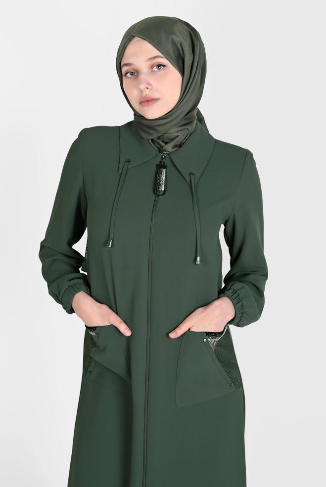 Tesettür giyim  FERMUARLI FİLE DETAYLI PARDESÜ 10533  - ALVİNA