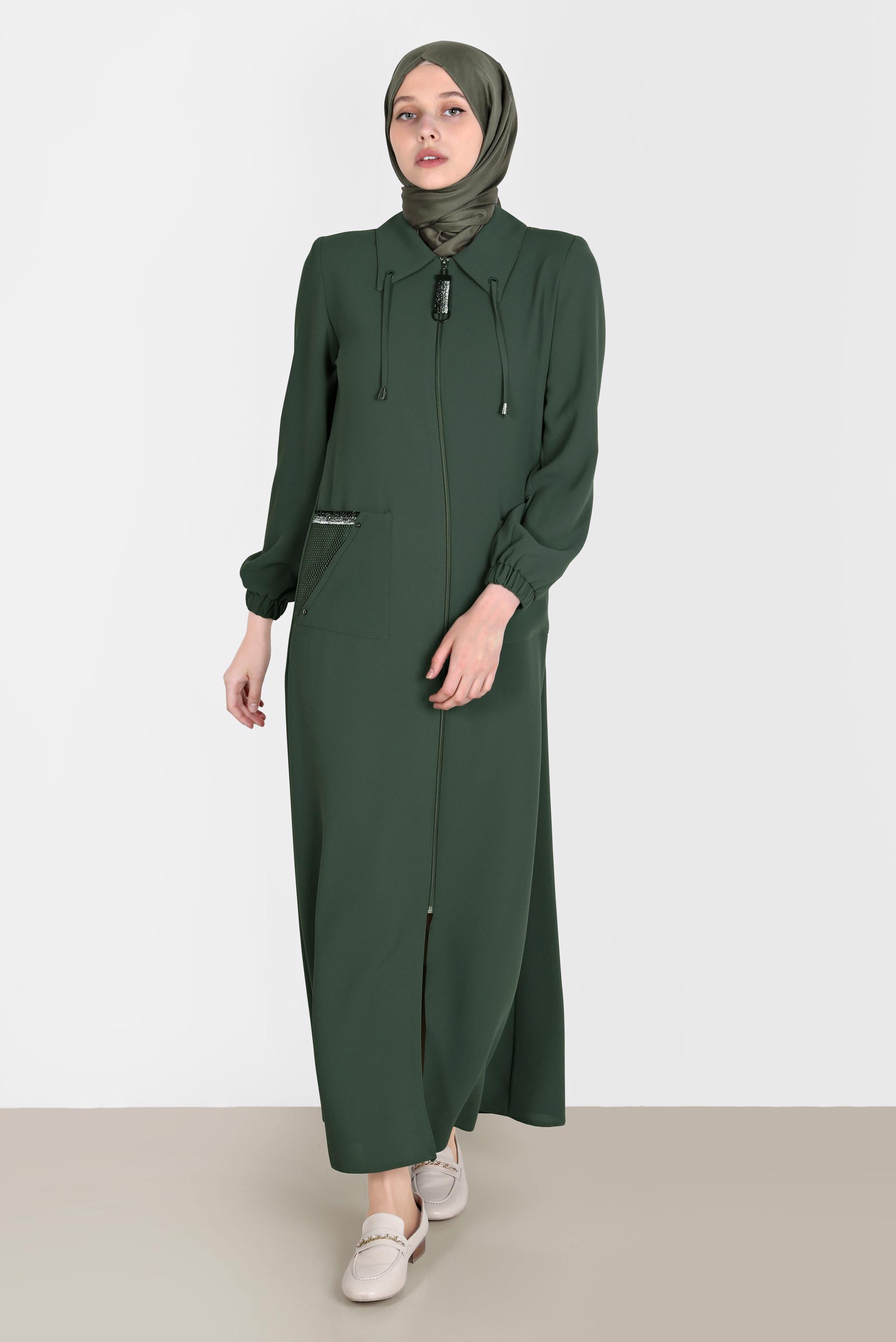 Tesettür giyim HAKİ FERMUARLI FİLE DETAYLI PARDESÜ 10533 